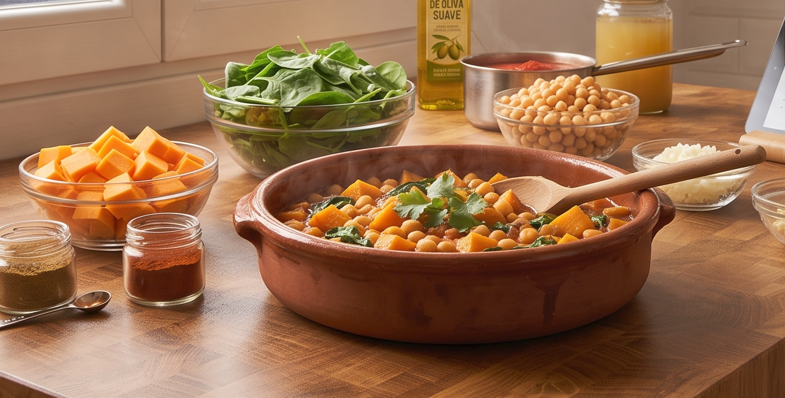 Una toma de encimera de cocina rústica que muestra una gran cazuela de barro central llena de un guiso de garbanzos, dados de calabaza, espinacas y salsa de tomate, decorada con perejil fresco picado y hojas de laurel. Una cuchara de madera descansa dentro del guiso. Varios cuencos de cristal circundantes contienen los ingredientes crudos: un cuenco grande de dados de calabaza naranja, un cuenco grande de espinacas frescas, ajo picado, cebolla picada, garbanzos cocidos enteros, tarros de especias (uno rojo y uno amarillo) con una pequeña cuchara de medir, y una botella de aceite de oliva virgen extra. A la derecha, una tableta sobre un soporte de madera muestra la receta en español titulada "RECETA DE GARBANZOS GUISADOS CON CALABAZA Y ESPINACAS", con una lista legible de ingredientes. En el fondo, hay una ventana con luz natural a la izquierda, un estante de madera montado en la pared con más tarros de especias, y un horno eléctrico con un temporizador digital que muestra "20 min" y una cazuela más pequeña dentro. La encimera es de madera de carnicero y la pared de azulejos blancos tipo subway.