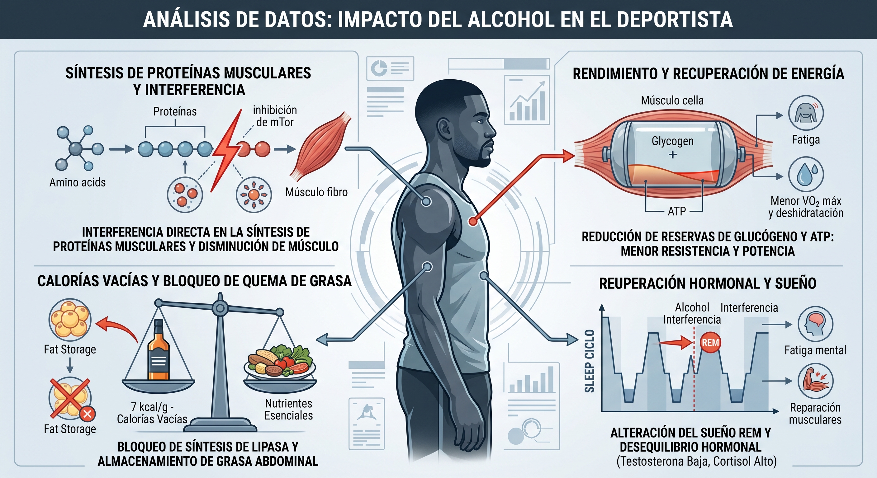 Infografía analítica de estilo médico titulada "ANÁLISIS DE DATOS: IMPACTO DEL ALCOHOL EN EL DEPORTISTA". En el centro, se muestra la ilustración de perfil de un atleta masculino con líneas que conectan su cuerpo a cuatro paneles explicativos sobre los efectos del alcohol:  Arriba a la izquierda ("Síntesis de proteínas musculares e interferencia"): Un diagrama muestra cómo el alcohol interrumpe la cadena de aminoácidos (inhibición de mTOR), lo que causa una interferencia directa en el desarrollo de la fibra muscular.  Abajo a la izquierda ("Calorías vacías y bloqueo de quema de grasa"): Una balanza compara una botella de alcohol (7 kcal/g - Calorías Vacías) con un plato de comida sana (Nutrientes Esenciales). Se ilustra cómo esto bloquea la quema de grasa y favorece su almacenamiento abdominal.  Arriba a la derecha ("Rendimiento y recuperación de energía"): Se representa una célula muscular como una batería que pierde sus reservas de Glucógeno y ATP, lo que resulta en fatiga, menor VO2 máx, deshidratación y menor potencia.  Abajo a la derecha ("Recuperación hormonal y sueño"): Un gráfico del ciclo del sueño muestra una interrupción en la fase REM provocada por el alcohol. Esto deriva en fatiga mental, fallos en la reparación muscular y un desequilibrio hormonal caracterizado por testosterona baja y cortisol alto.