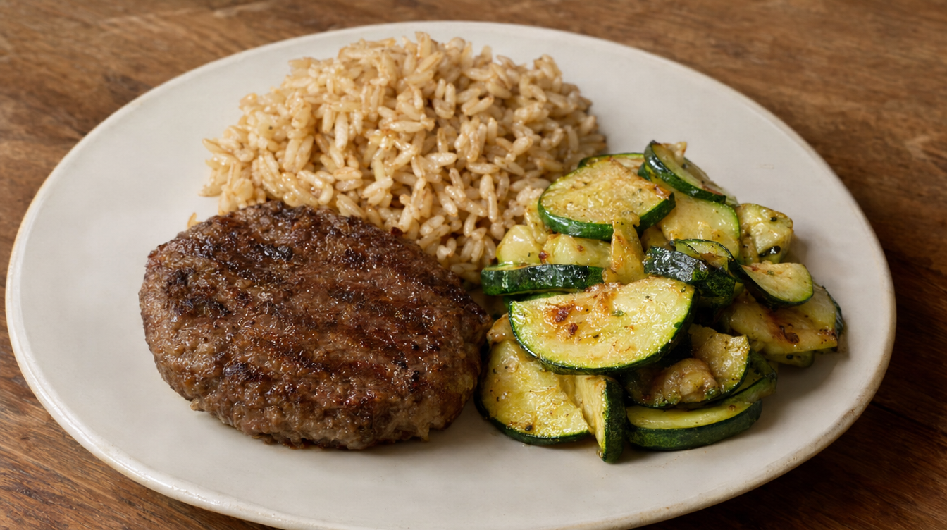 Hamburguesa de ternera a la plancha con arroz integral y calabacín