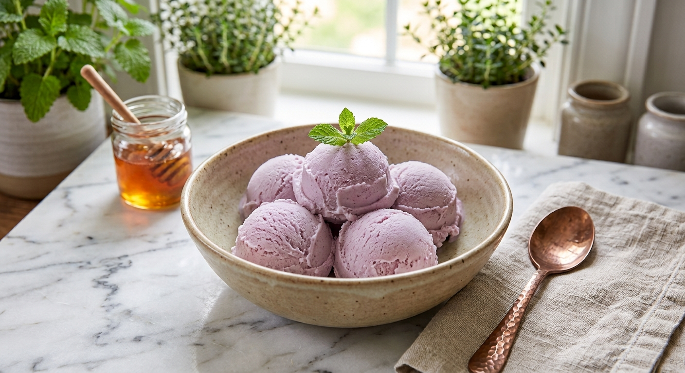 Bol de cerámica rústica sobre una mesa de mármol con cinco bolas de yogur helado proteico de frutos rojos, coronado con unas hojas de menta fresca. A la izquierda hay un tarro de miel con un cucharón de madera, y a la derecha una cuchara de cobre sobre una servilleta de tela de tonos neutros. De fondo, un alféizar luminoso con plantas aromáticas en maceta