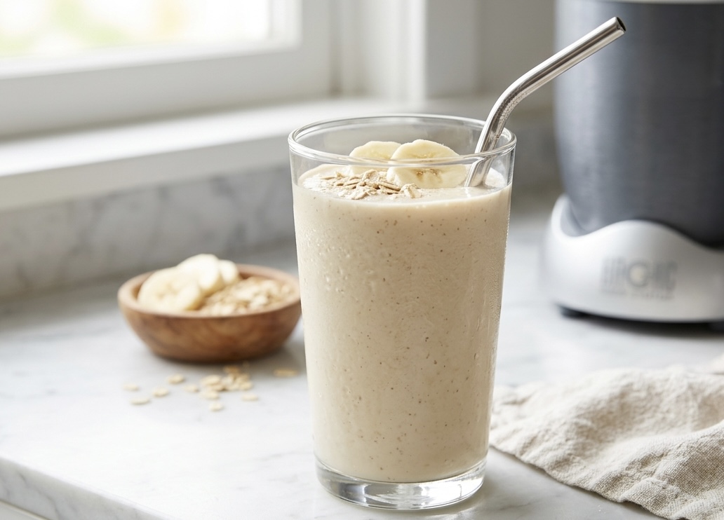 Primer plano de un vaso de cristal alto con un cremoso batido de plátano y avena, decorado con rodajas de plátano fresco, copos de avena y una pajita metálica reutilizable, sobre una encimera de mármol blanca iluminada por luz natural.