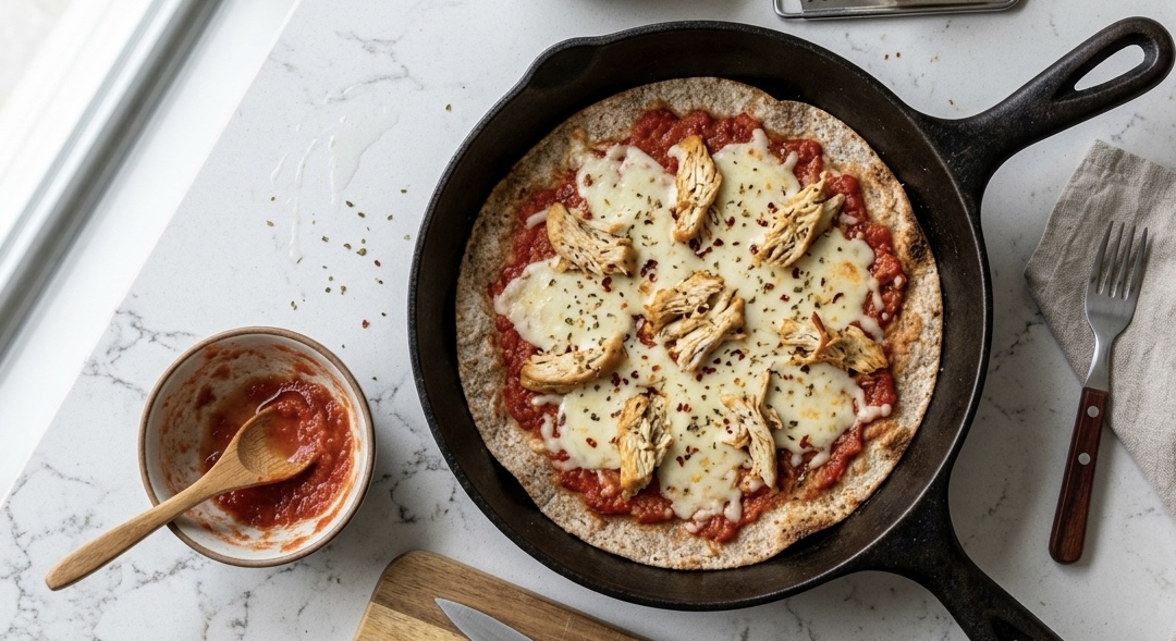 Vista aérea de una mini pizza proteica preparada sobre una base de tortilla integral en una sartén de hierro fundido negra. La pizza está cubierta con salsa de tomate, queso mozzarella derretido y trozos de pollo a la plancha, aderezada con orégano y copos de chile. La sartén reposa sobre una encimera de mármol blanco, rodeada de cuencos con ingredientes crudos (pollo desmenuzado y salsa de tomate), un rallador de queso, un bloque de queso, una tabla de cortar con un cuchillo, un paño de lino y un tenedor de madera