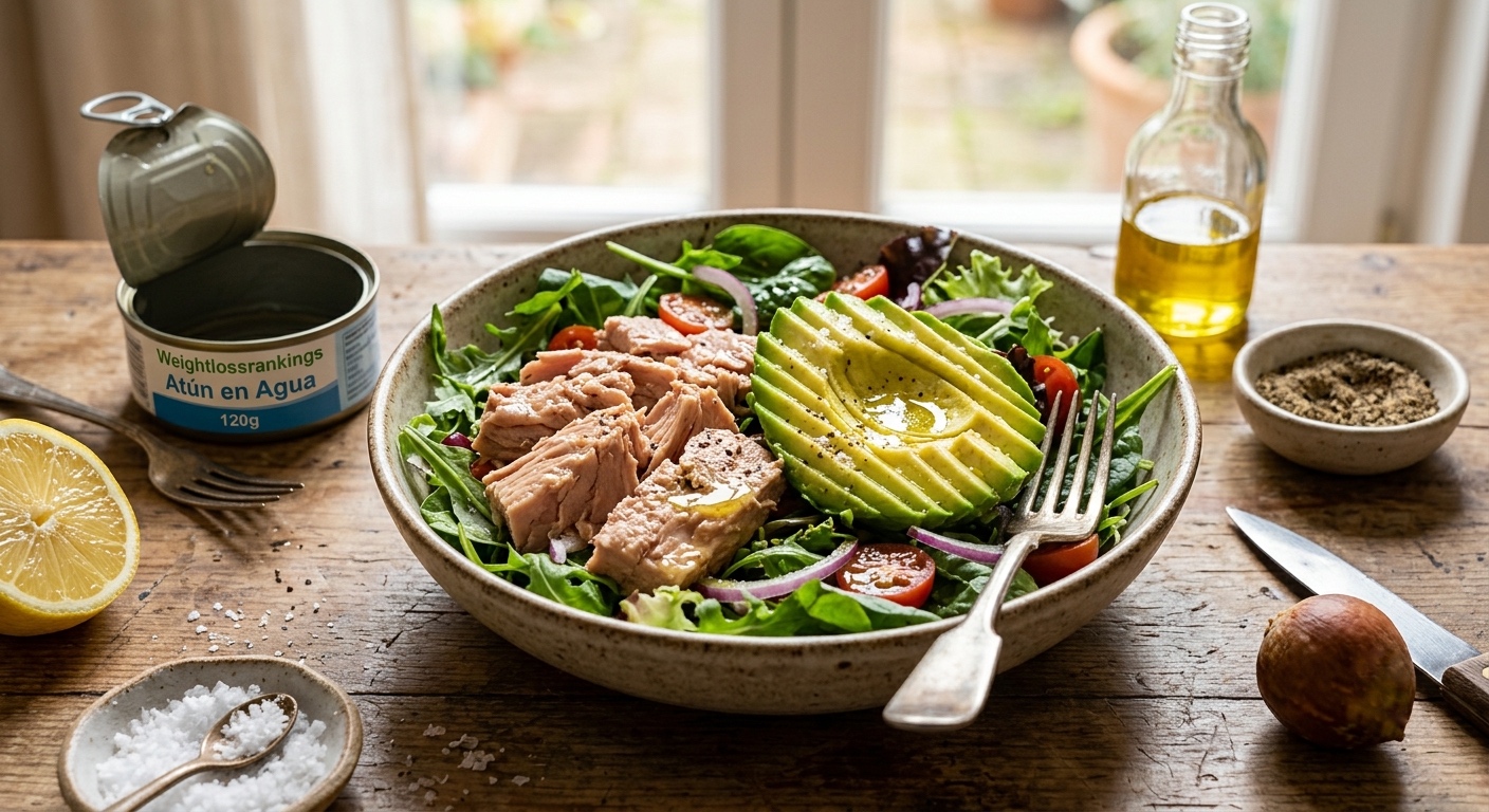 Una fotografía de primer plano apetitosa y rústica de un cuenco de cerámica sobre una mesa de madera texturizada, relleno con una ensalada de atún y aguacate. El cuenco contiene una base de hojas verdes mixtas, trozos de lomo de atún escamoso en el centro, tomates cherry cortados por la mitad, rodajas de cebolla roja y medio aguacate perfectamente cortado en abanico con aderezo de pimienta negra. Alrededor del cuenco hay ingredientes y herramientas de la receta: a la izquierda, una lata abierta con la etiqueta 'Weightlossrankings Atún en Agua 120g' y medio limón; a la derecha, una botella pequeña de aceite de oliva, cuencos con sal marina gruesa y pimienta molida, un cuchillo y la pepita del aguacate. Luz natural suave entra por una ventana borrosa al fondo, con plantas de exterior visibles
