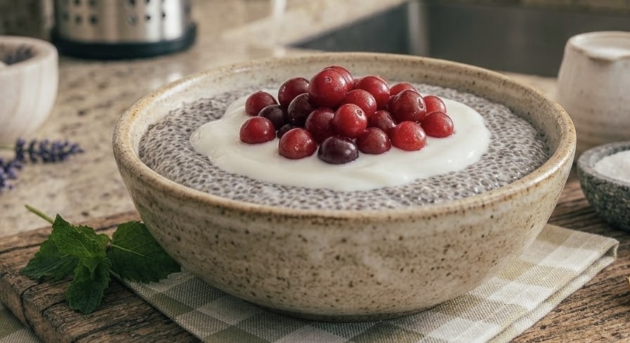 Un primer plano detallado de un tazón de cerámica moteada lleno de pudín de semillas de chía gris, yogur blanco cremoso y una generosa cobertura de arándanos frescos de color rojo brillante. El tazón descansa sobre una tabla de cortar de madera rústica y texturizada, que a su vez está sobre una servilleta de lino a cuadros verde menta. Alrededor del tazón, en una encimera de granito moteado, hay una variedad de ingredientes frescos: hojas de menta, ramitas de lavanda seca, rodajas de jengibre fresco y una ramita de romero. A la derecha, pequeños tazones de piedra contienen sal marina y semillas de chía secas, junto con una pequeña botella de vidrio ámbar con corcho y una toalla a cuadros al fondo. El fondo desenfocado muestra un mortero de mármol, un porta-utensilios de acero inoxidable con cucharas de madera y un fregadero de cocina de acero inoxidable, con armarios de madera clara. La luz es suave y natural, creando una atmósfera saludable y rústica.