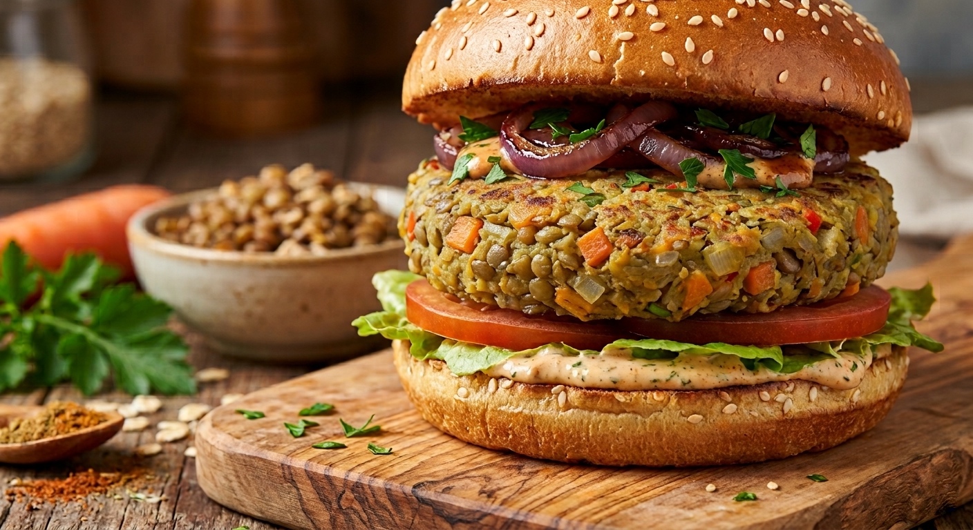 Un primer plano de una hamburguesa rústica y gourmet sobre una tabla de cortar de madera. La hamburguesa vegetal espesa, llena de lentejas enteras y trozos de zanahoria visibles, está apilada en un pan de brioche de sésamo con lechuga, rodajas de tomate, salsa cremosa y una generosa cobertura de cebolla roja caramelizada y perejil picado. El fondo borroso muestra cuencos de ingredientes frescos, como lentejas crudas, zanahorias, perejil y especias, en un entorno de cocina rústica.