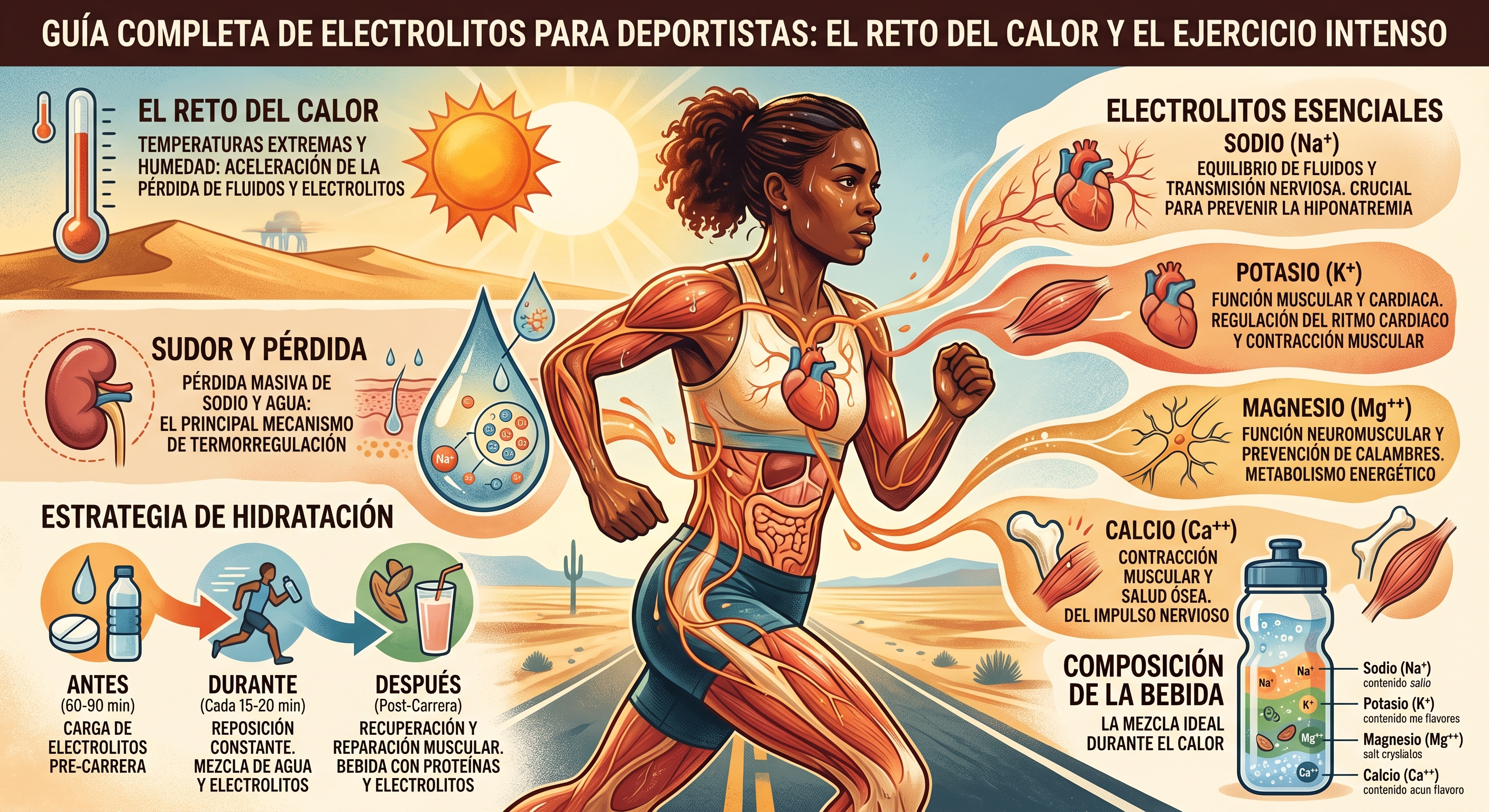 Una infografía detallada titulada "GUÍA COMPLETA DE ELECTROLITOS PARA DEPORTISTAS: EL RETO DEL CALOR Y EL EJERCICIO INTENSO". En el centro, destaca la ilustración de una mujer negra corriendo en un paisaje desértico bajo un sol abrasador; su cuerpo está dibujado con un efecto semitransparente que revela su sistema muscular, el corazón y el sistema digestivo.  La imagen se divide en varias secciones informativas:  A la izquierda: Se explica "EL RETO DEL CALOR" con un termómetro marcando altas temperaturas; "SUDOR Y PÉRDIDA" con un riñón y una gran gota de sudor llena de partículas de sodio; y una "ESTRATEGIA DE HIDRATACIÓN" dividida en tres fases con iconos explicativos: Antes (carga de electrolitos), Durante (reposición constante) y Después (recuperación).  A la derecha: Líneas visuales conectan el cuerpo de la corredora con los "ELECTROLITOS ESENCIALES": Sodio (Na+) para el equilibrio de fluidos, Potasio (K+) para la función muscular, Magnesio (Mg++) para prevenir calambres, y Calcio (Ca++) para los huesos y la contracción muscular. En la esquina inferior derecha, se muestra una botella de agua ilustrando la "COMPOSICIÓN DE LA BEBIDA" ideal, indicando la mezcla de estos cuatro minerales.