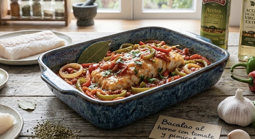 Una fotografía de bodegón de cocina que muestra una fuente de cerámica azul llena de filetes de bacalao al horno con tomate y pimientos, rodeada de ingredientes frescos sobre una mesa de madera rústica. Ingredientes ordenados como filetes de bacalao crudo, un bloque de margarina ligera, tomates, pimientos, cebollas, ajo, perejil y especias secas están dispuestos a su alrededor. En el fondo luminoso de la cocina, se ven botellas de aceite de oliva (incluida una de Borges), un estante de especias y ollas de cobre colgando. Un pequeño cartel de papel manuscrito confirma el plato como "Bacalao al horno con tomate y pimientos".