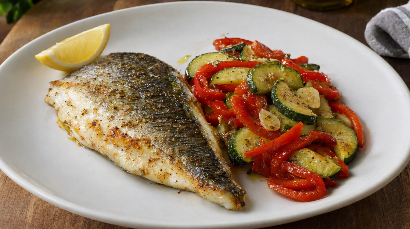 Dorada a la plancha con calabacín y pimiento