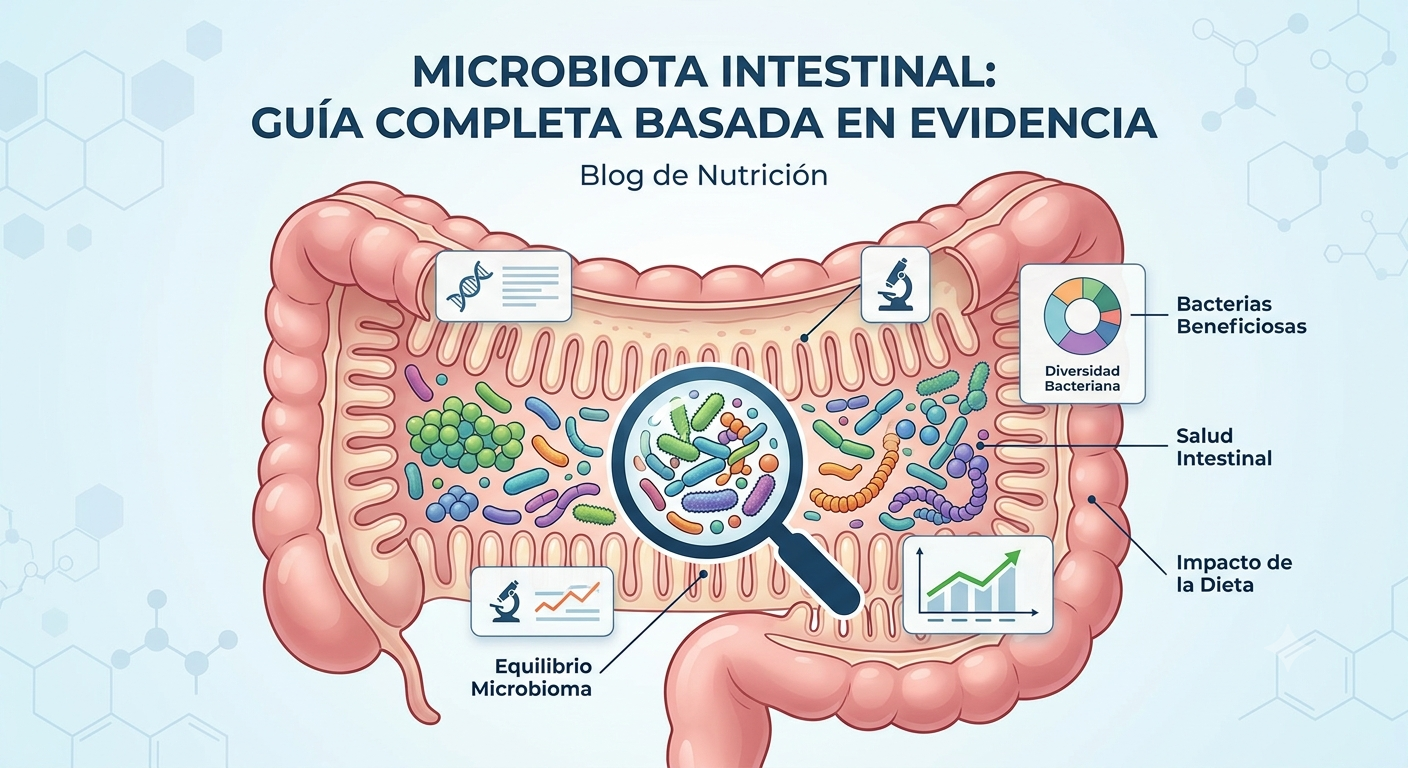 Una ilustración infográfica educativa de una sección transversal del intestino humano, repleta de grupos diversos y coloridos de microorganismos (bacterias, microbios). El título en la parte superior dice: "MICROBIOTA INTESTINAL: GUÍA COMPLETA BASADA EN EVIDENCIA" y "Blog de Nutrición". Una gran lupa se centra en un grupo central de microbios para ampliar su diversidad. Alrededor hay etiquetas y pequeños gráficos que señalan y describen elementos clave: "Bacterias Beneficiosas", "Salud Intestinal", "Impacto de la Dieta", un gráfico de línea ascendente para "Equilibrio Microbioma" y un gráfico circular para "Diversidad Bacteriana", acompañados de iconos de ADN y microscopio. El fondo es de color azul claro con estructuras moleculares y químicas sutiles.