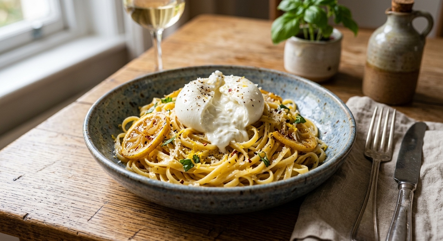 Una fotografía detallada de un bol de cerámica lleno de pasta linguine con rodajas de limón asado, albahaca fresca, queso rallado y copos de pimiento rojo, coronado con una bola de queso burrata cremoso que ha sido abierta, en una mesa de madera rústica con una copa de vino blanco en el fondo.