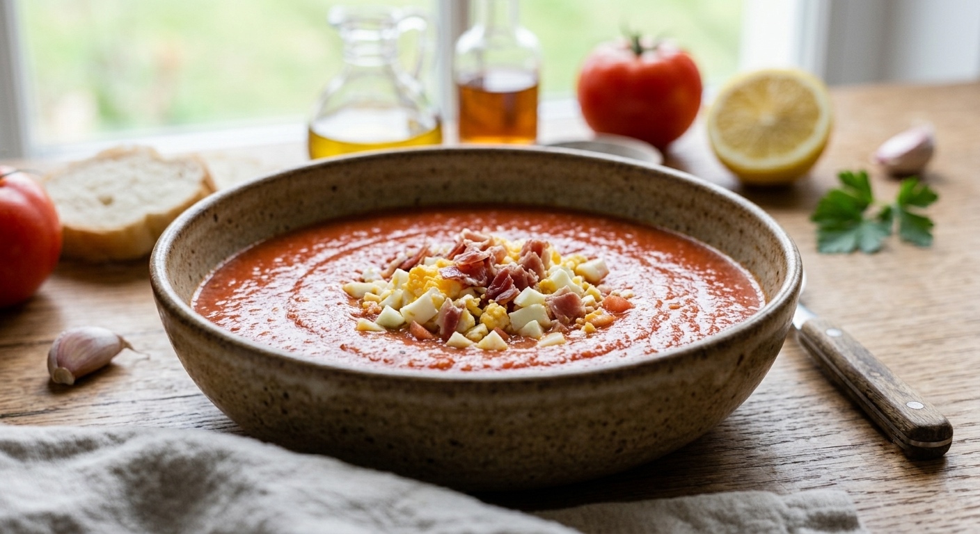 Un primer plano apetitoso de un cuenco rústico de cerámica lleno de salmorejo cordobés, una sopa fría y cremosa de color naranja rojizo. El salmorejo está coronado en el centro con huevo duro picado en cubos y jamón serrano desmenuzado. El cuenco se asienta sobre una mesa de madera de grano visible, con un paño de lino gris a la izquierda y un cuchillo con mango de madera a la derecha. El fondo, desenfocado (bokeh), muestra ingredientes frescos como tomates enteros, dientes de ajo, perejil, medio limón y botellas de aceite de oliva y vinagre cerca de una ventana que deja pasar la luz natural.
