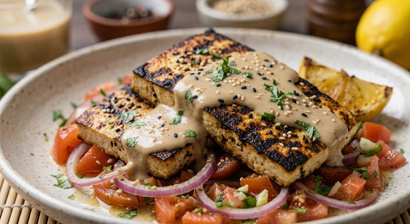 Un plato rústico de cerámica lleno de bloques de tofu asados y carbonizados, cubiertos con una salsa cremosa de tahini, sésamo blanco y negro tostado y hierbas frescas. El tofu descansa sobre una fresca ensalada de tomate en cubitos y cebolla roja. El plato se sirve sobre una estera de bambú con cuencos de especias y un limón en el fondo desenfocado.
