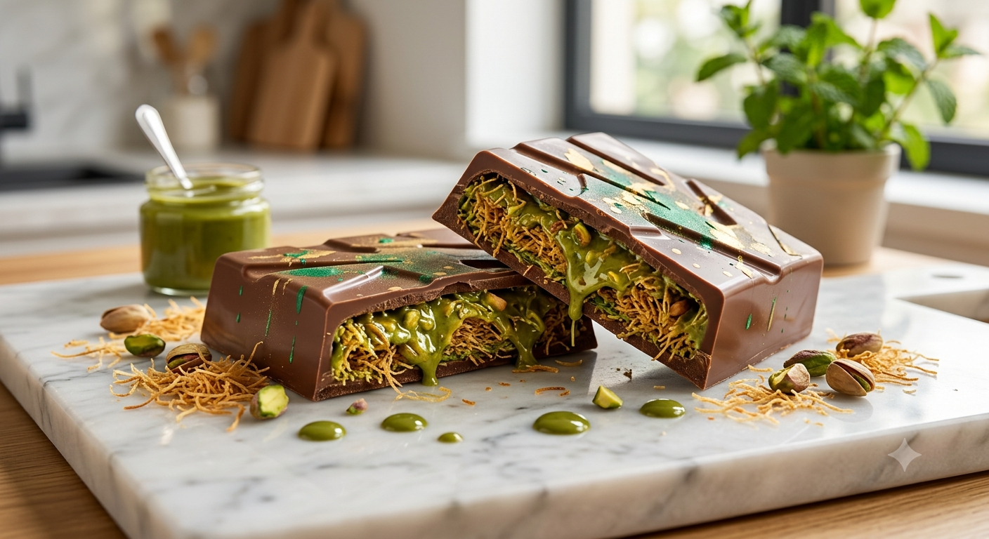 Una tableta de chocolate con leche gruesa y artesanal, cortada por la mitad para revelar un relleno denso, cremoso y de color verde esmeralda vibrante hecho de crema de pistacho puro mezclada con hilos dorados y crujientes de masa kataifi tostada. La superficie del chocolate tiene sutiles salpicaduras de oro comestible y está sobre una tabla de mármol pulido en una cocina soleada con luz natural suave
