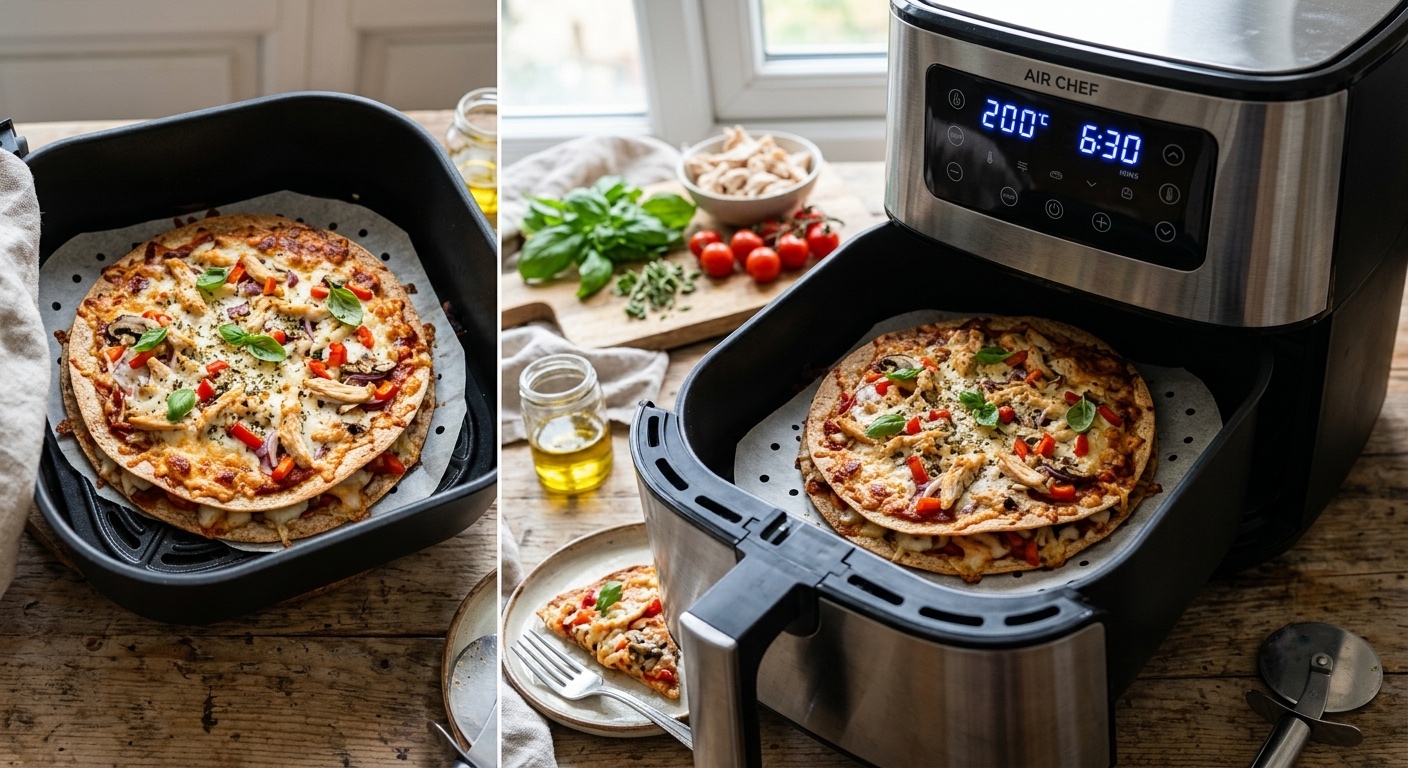 Un collage de dos tomas que muestra una pizza de pan plano cocinada en una freidora de aire de acero inoxidable sobre una encimera de madera. El panel izquierdo es un primer plano de la pizza completa sobre papel de horno dentro de la cesta extraída de la freidora de aire, cubierta con queso derretido, pollo desmenuzado, pimientos, cebolla y albahaca fresca. El panel derecho es una toma de ángulo más amplio de la freidora completa con su panel de control digital (marca 'AIR CHEF' y '200°C'), la cesta extraída con la pizza, y un plato en primer plano con una porción servida y un tenedor. Ingredientes frescos como tomates cherry, albahaca y pollo están en el fondo rústico
