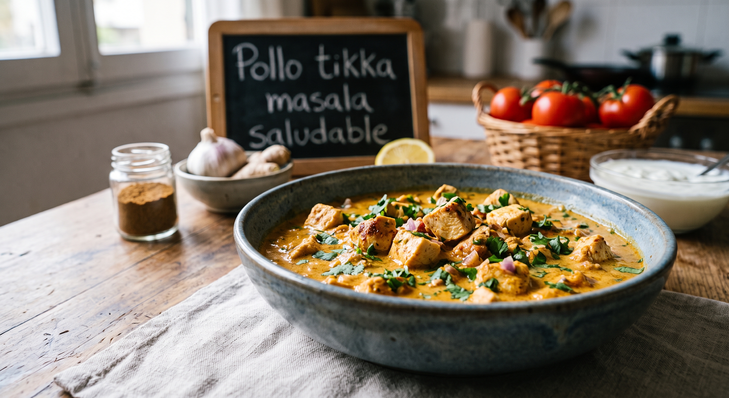 Un primer plano de un tazón rústico de cerámica azul lleno de pollo tikka masala cremoso y aromático, espolvoreado con cilantro fresco picado, sobre una mesa de madera de estilo rústico. En el fondo, una pequeña pizarra de tiza tiene la inscripción manuscrita en español: 'Pollo tikka masala saludable'. Junto a la pizarra, se disponen varios ingredientes frescos: un frasco de especias con cúrcuma en polvo, cabezas de ajo y jengibre frescos, medio limón, y una canasta de mimbre con tomates rojos enteros. Al otro lado, una pequeña taza de yogur con una cuchara de servir. La escena está iluminada por luz natural que proviene de una ventana al fondo, con una cocina borrosa visible detrás. El estilo de la fotografía es rústico y apetitoso