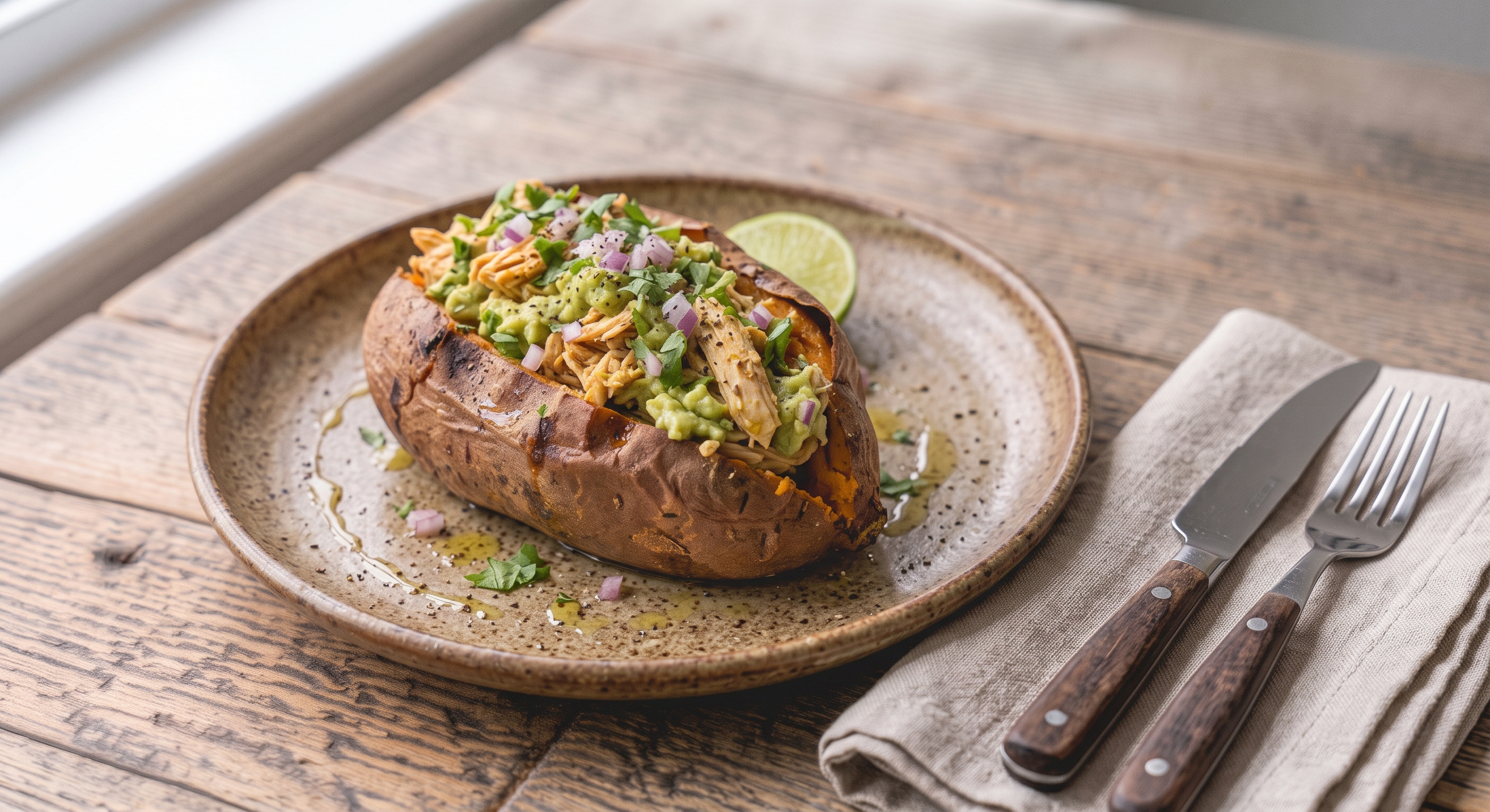 Una fotografía de comida en primer plano muestra un boniato asado y relleno servido en un plato de cerámica blanca con un borde decorado con hojas azules. El boniato está abierto longitudinalmente y relleno de pollo desmechado y guacamole, cubierto con cebolla morada picada y cilantro fresco. A su lado, en el plato, hay una rodaja de lima y un chorrito de aceite de oliva. El plato descansa sobre una mesa de madera rústica y texturizada. A la derecha, un tenedor y un cuchillo con mangos de madera oscura están colocados sobre una servilleta de lino beige doblada. La escena está iluminada por luz natural suave que proviene de la izquierda.