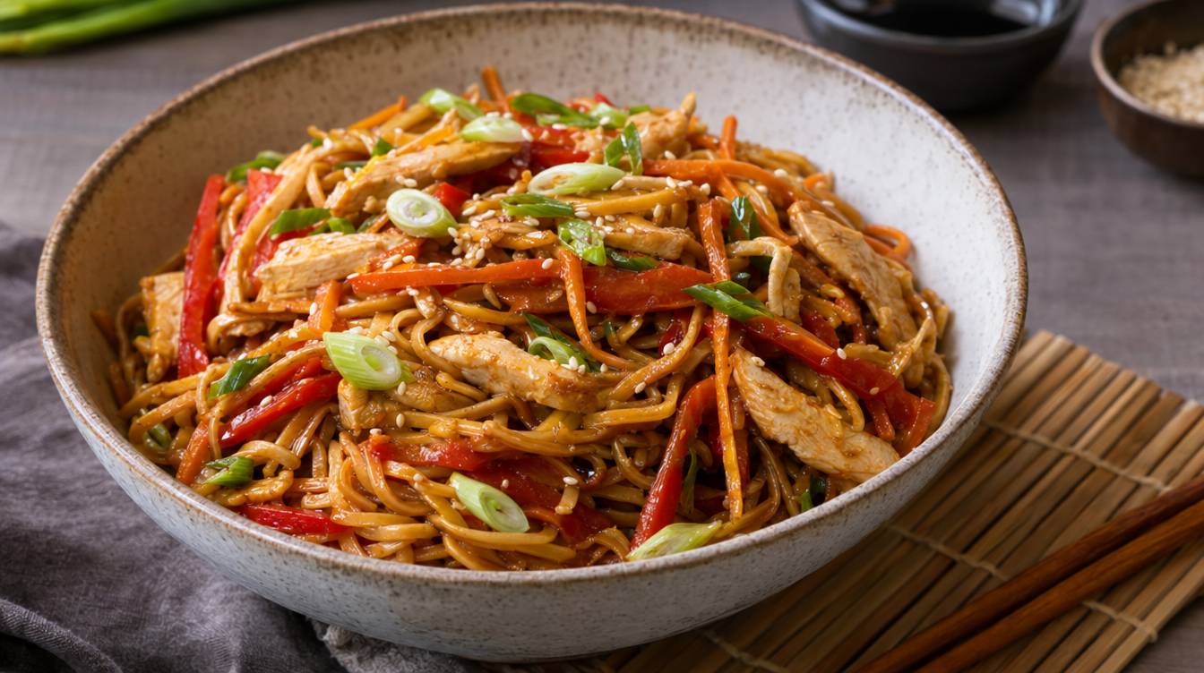 Noodles de pollo estilo asiático con verduras