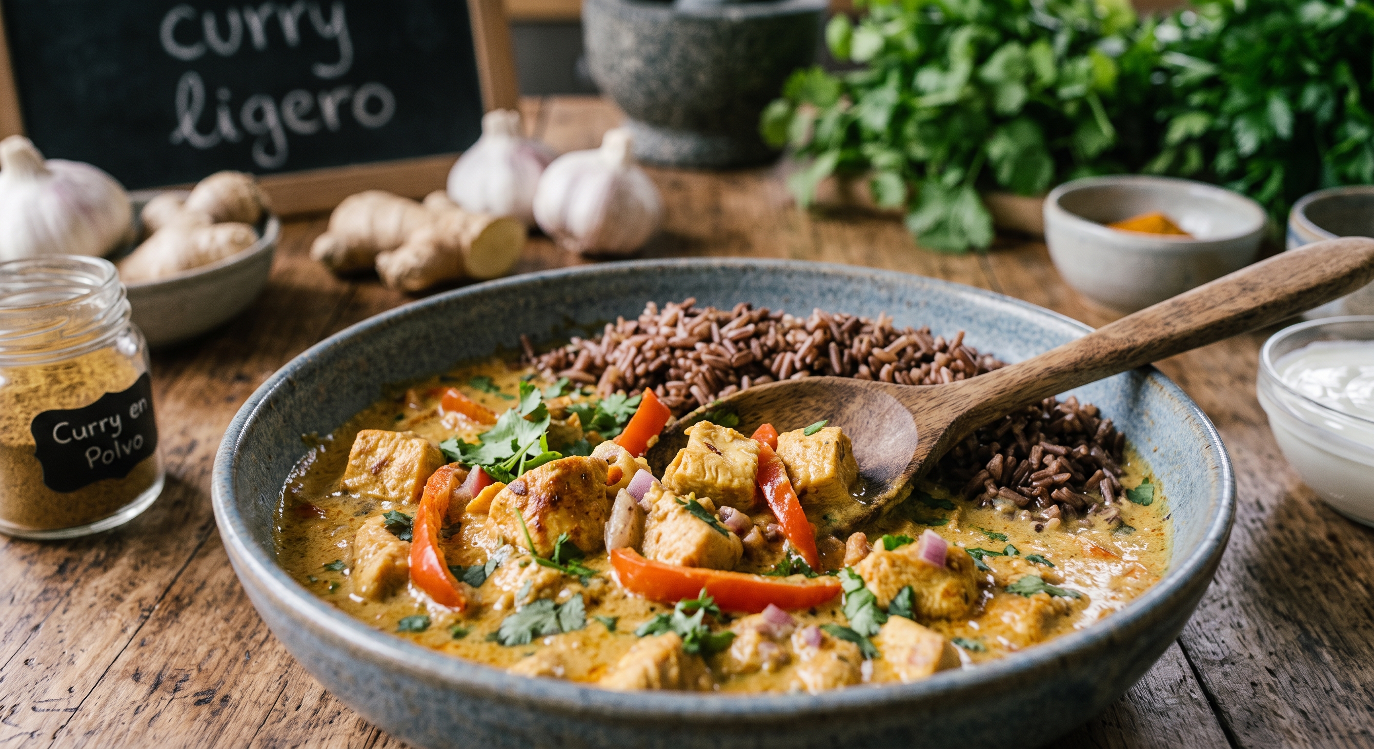 Un primer plano de un tazón rústico de cerámica azul lleno de curry de pollo cremoso y arroz integral, con una cuchara de madera apoyada en él, sobre una mesa de madera. En el fondo, hay ingredientes frescos como ajo, jengibre y hierbas, junto con un frasco de "Curry en Polvo" y una pizarra pequeña que dice "curry ligero".