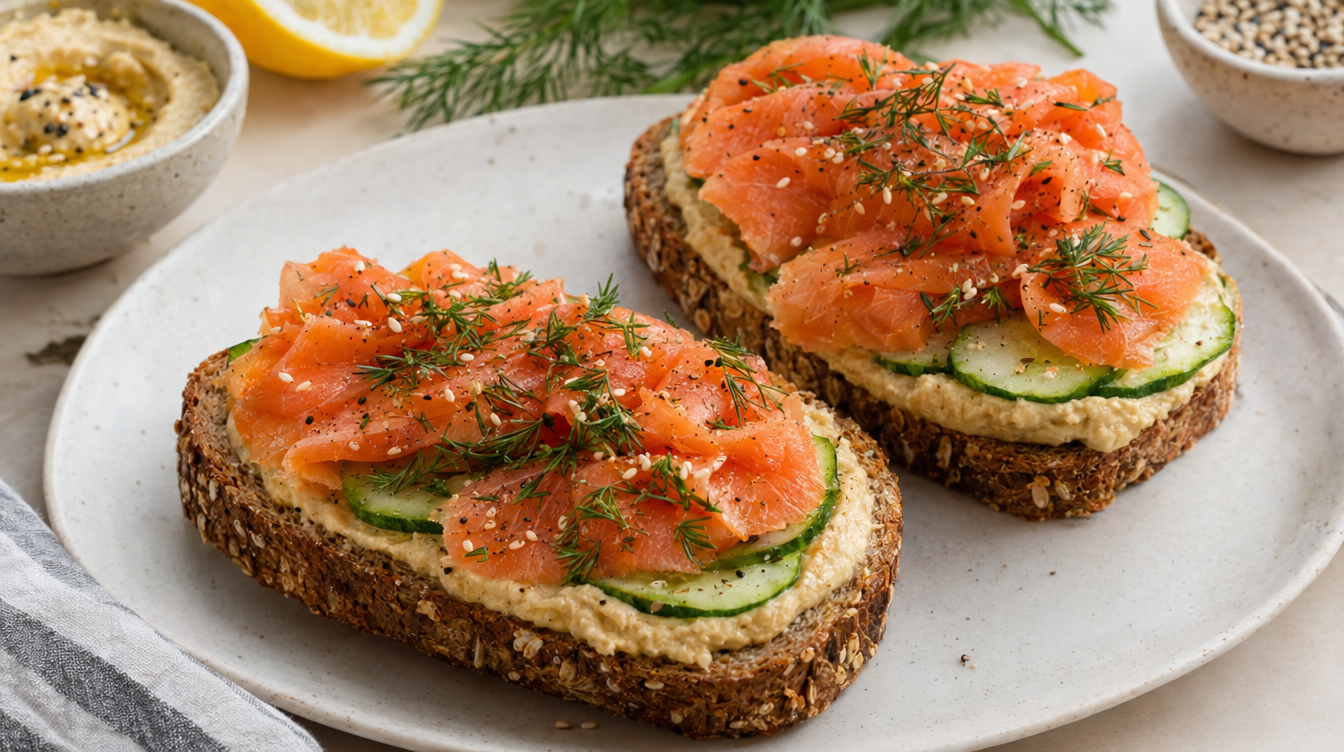 Tostadas integrales con hummus y salmón