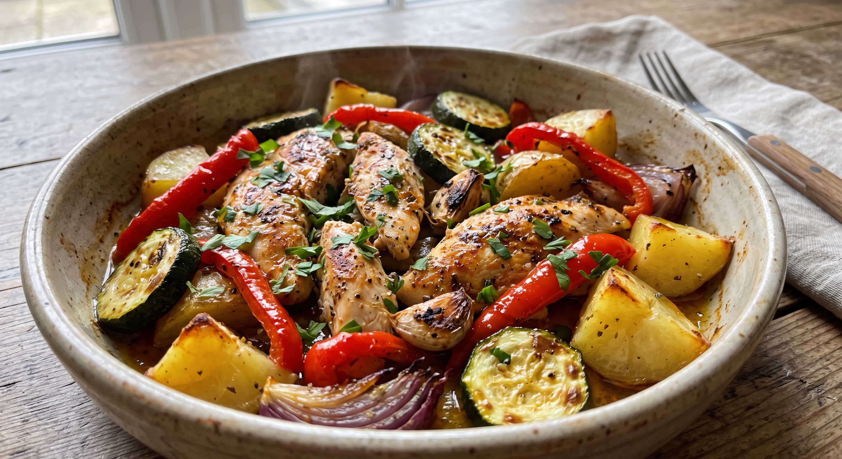 Un primer plano de un cuenco de cerámica rústica y poco profundo que contiene una comida asada caliente y humeante. El plato presenta tiras de pechuga de pollo asadas, doradas y sazonadas con hierbas, junto con patatas asadas crujientes, tiras de pimiento rojo, rodajas de calabacín, cuñas de cebolla roja y dientes de ajo asados enteros. Pequeñas volutas de vapor se elevan de la comida, indicando que está recién hecha. El cuenco está sobre una mesa de madera desgastada, con cubiertos de mango de madera y una servilleta de lino gris claro a la derecha, y una ventana al fondo con luz natural suave.