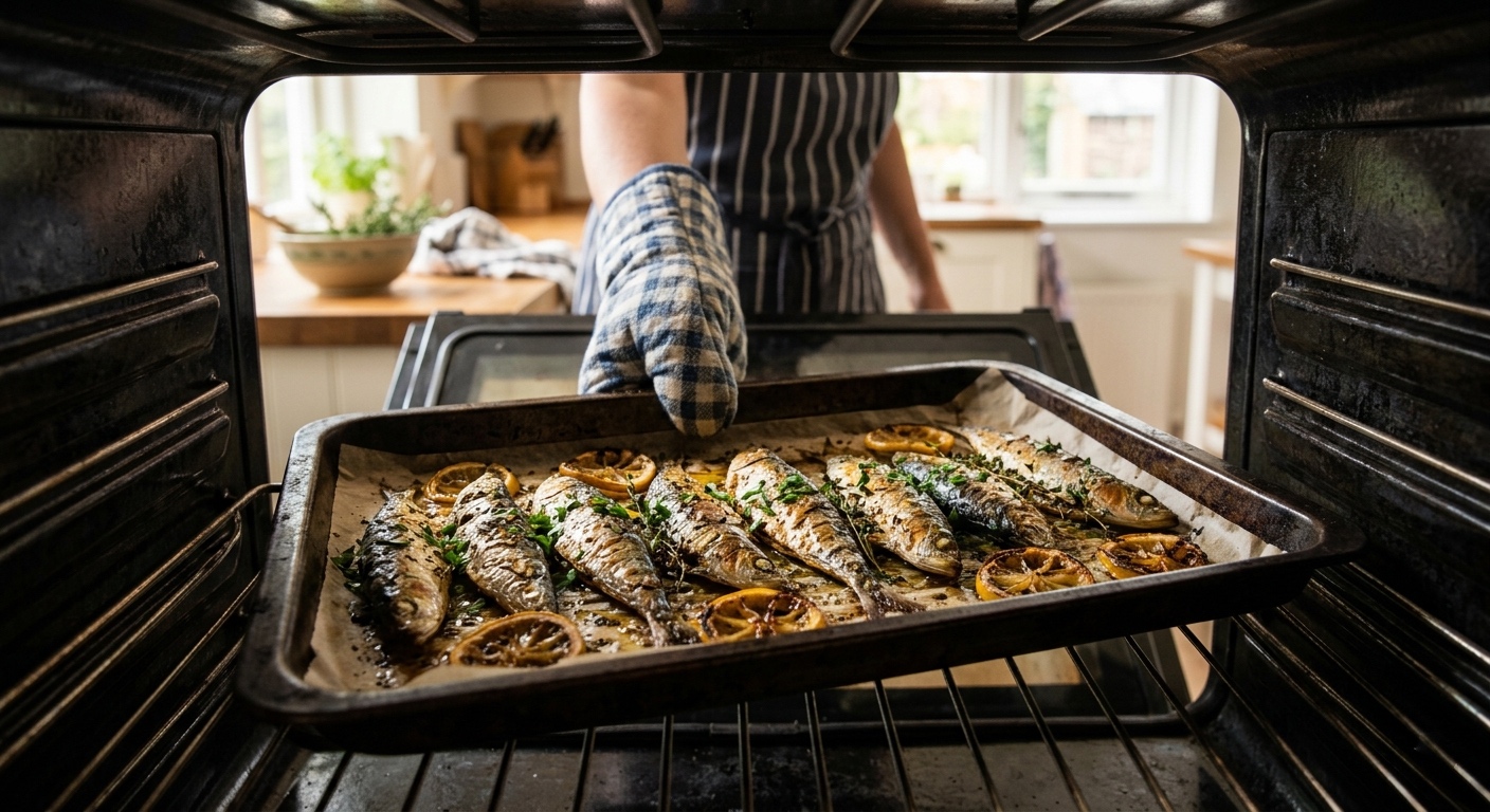 Text: Vista desde el interior de un horno oscuro, mirando hacia una cocina soleada. Una mano con un guante de cocina de cuadros azules y blancos sostiene una bandeja de metal con sardinas asadas, tomillo fresco, perejil y rodajas de limón sobre papel de horno. Al fondo, a través de la puerta abierta, se ve una persona con delantal y una cocina luminosa.