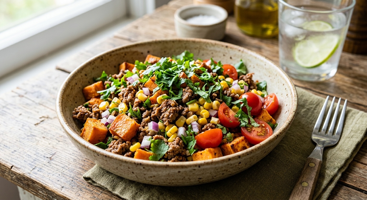 Cuenco de cerámica rústico lleno de carne picada magra cocinada, dados de boniato asado, granos de maíz, tomates cherry, cebolla morada y cilantro fresco picado, servido sobre una mesa de madera natural junto a un vaso de agua con limó