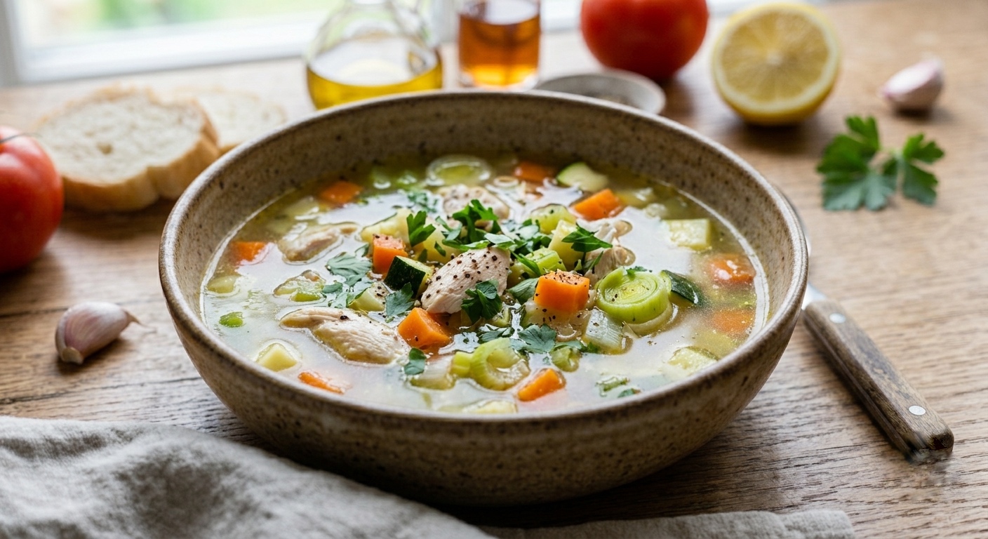 Un cuenco rústico de cerámica lleno de una sabrosa sopa de pollo y verduras, que contiene trozos de pechuga de pollo, zanahorias en dados, calabacín, apio y puerros, adornado con perejil fresco picado y pimienta negra, colocado sobre una mesa de madera. Alrededor del cuenco hay rebanadas de pan, tomates frescos, dientes de ajo, una ramita de perejil y medio limón. Al fondo, cerca de una ventana con luz natural, se ven botellas de aceite de oliva y vinagre