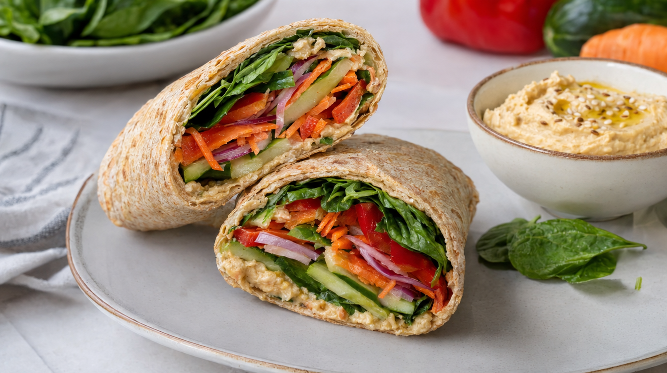 Un primer plano de dos mitades densamente rellenas de un wrap de tortilla integral, revelando capas vibrantes de hummus, espinacas verdes, zanahorias ralladas, pimientos rojos en tiras, bastones de pepino y cebolla morada picada. Los wraps están espolvoreados con sal en escamas y pimienta negra, y están servidos en un plato de cerámica moteada beige sobre una mesa de madera rústica, con un cuenco pequeño de rodajas de limón y perejil al fondo a la izquierda.
