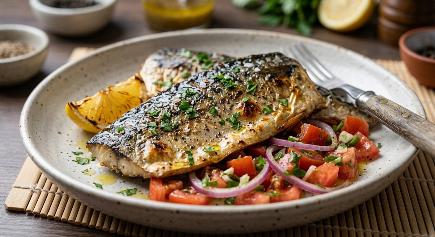 Un primer plano de un plato de cerámica rústica con dos filetes de caballa a la parrilla de piel crujiente, espolvoreados con perejil fresco y pimienta. El pescado reposa sobre una fresca ensalada de cubos de tomate rojo y aros de cebolla morada, con una cuña de limón a la parrilla al lado, todo servido sobre una esterilla de bambú en una mesa de madera oscura, con ingredientes frescos desenfocados en el fondo.