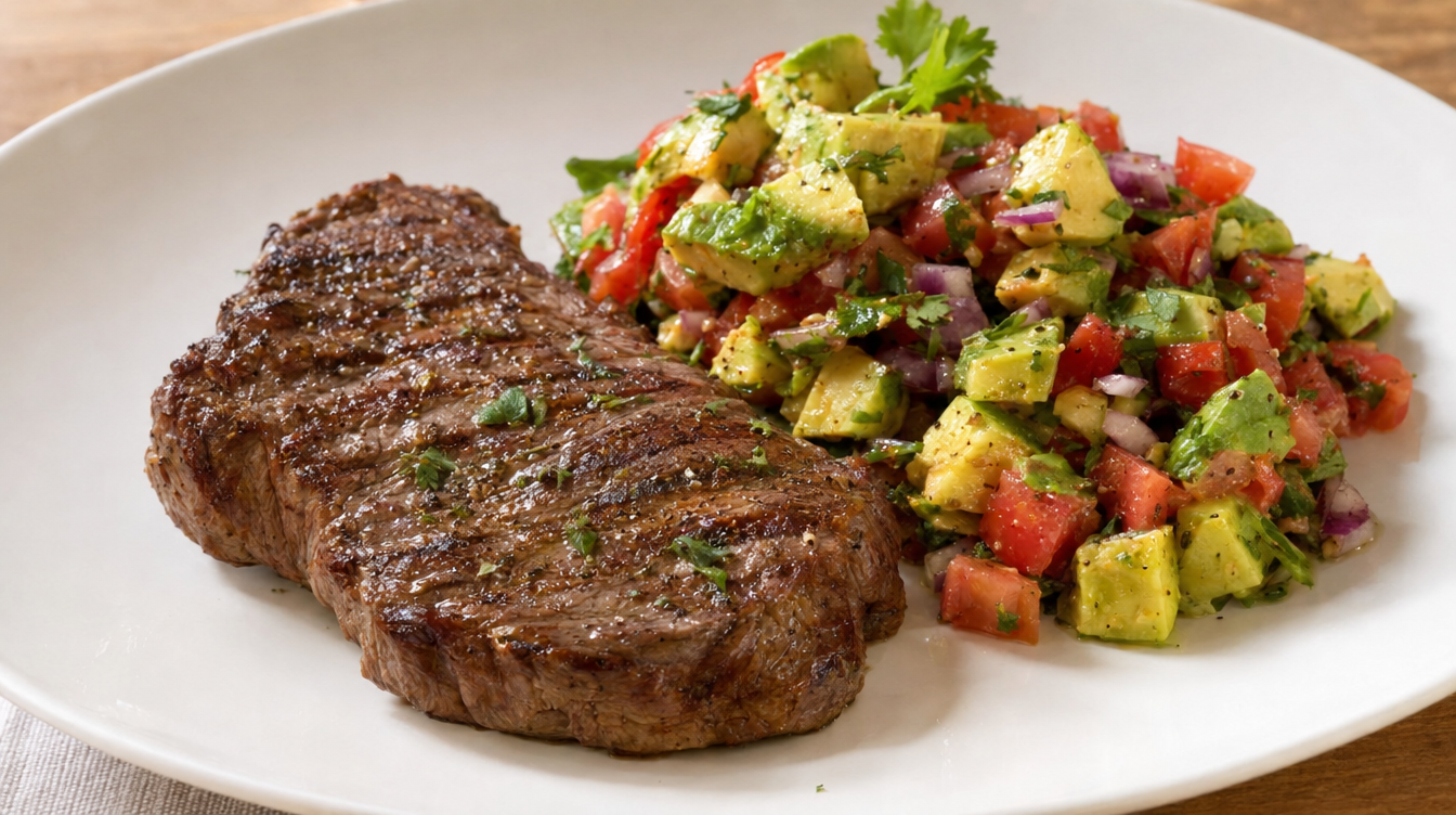 Filete de ternera a la plancha con ensalada de aguacate y tomate