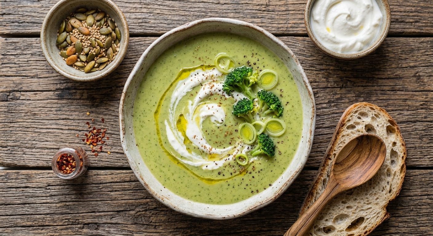 Una toma cenital de un bol de sopa cremosa de brócoli y puerros con un remolino de yogur, ramilletes de brócoli frescos y rodajas de puerro, servido sobre una mesa de madera rústica. El plato principal está rodeado de guarniciones: un cuenco con semillas de calabaza y sésamo tostadas, otro cuenco con yogur extra, un pequeño frasco con copos de chile, una rebanada de pan de masa madre crujiente y una cuchara de madera tallada a mano.
