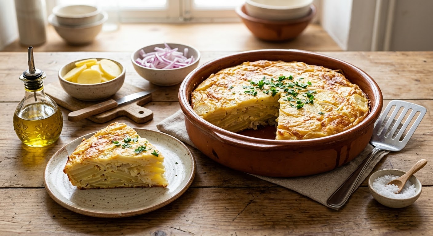 Un primer plano de una escena rústica de cocina sobre una mesa de madera. En el centro, una cazuela de barro redonda contiene una tortilla de patatas al horno de color marrón dorado, espolvoreada con perejil fresco. Una porción triangular ha sido cortada y está en un plato de cerámica más pequeño, revelando las capas internas de patata y cebolla. Alrededor hay cuencos de cerámica con los ingredientes crudos y preparados: rodajas finas de patata cruda, cebolla roja en juliana y sal marina gruesa con una pequeña cuchara de madera. Una botella de cristal con aceite de oliva virgen extra y utensilios de cocina (un cuchillo pequeño y una espátula de servicio) están dispuestos cerca. El fondo tiene más cuencos y una ventana luminosa, creando un ambiente casero y acogedor.