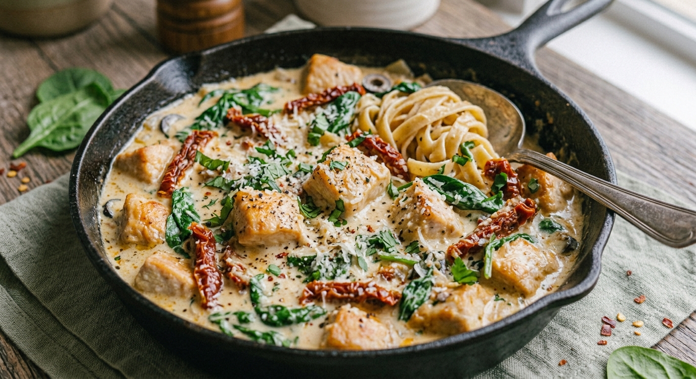 Una fotografía de primer plano rústica y apetitosa de una sartén de hierro fundido llena de cubos de pollo dorados en una rica salsa cremosa de espinacas y tomates secos. El plato está cubierto con queso parmesano rallado, perejil fresco picado y copos de chile rojo. Un nido de pasta fettuccine está a un lado, y una cuchara de servir vintage plateada descansa en la sartén. La sartén está sobre un paño de lino verde salvia en una mesa de madera texturizada, con luz natural de una ventana cercana.