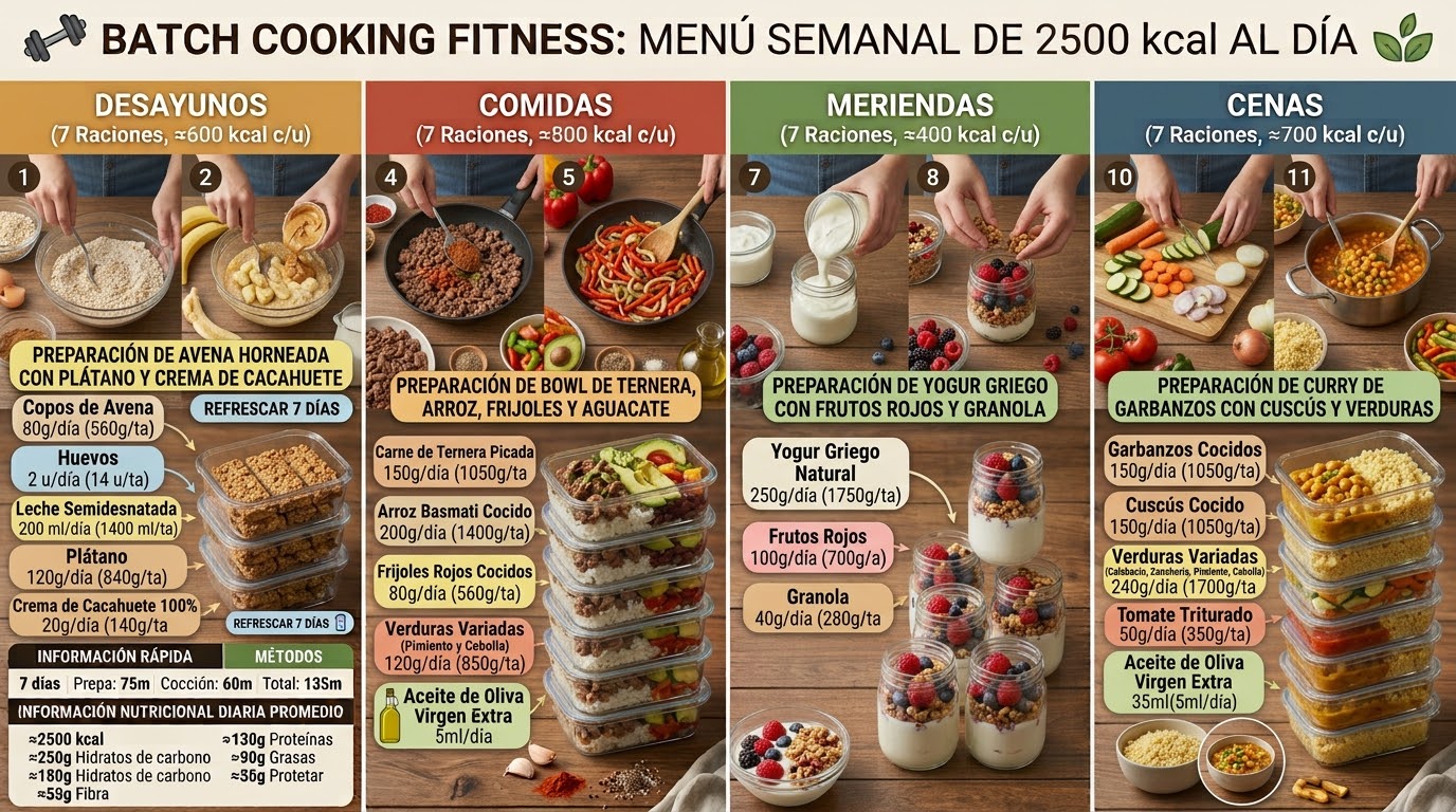 Una infografía detallada deBatch Cooking Fitness para un menú semanal de 2500 kcal al día, organizada en cuatro columnas de comidas diarias codificadas por colores, con imágenes de preparación, listas de ingredientes y visuales de almacenamiento. El título principal es "BATCH COOKING FITNESS: MENÚ SEMANAL DE 2500 kcal AL DÍA".  Desayunos (≈600 kcal; 7 Raciones): Codificada en naranja. Muestra fotos de manos mezclando avena, plátano machacado y crema de cacahuete. Título de preparación: "PREPARACIÓN DE AVENA HORNEADA CON PLÁTANO Y CREMA DE CACAHUETE". Ingredientes totales (ta) para 7 raciones: Copos de Avena (80g/día; 560g/ta), Huevos (2 u/día; 14 u/ta), Leche Semidesnatada (200 ml/día; 1400 ml/ta), Plátano (120g/día; 840g/ta), Crema de Cacahuete 100% (20g/día; 140g/ta). Muestra una torre de 7 recipientes de vidrio llenos de bloques cuadrados de avena horneada, con la etiqueta "REFRESCAR 7 DÍAS".  Comidas (≈800 kcal; 7 Raciones): Codificada en rojo. Muestra fotos de manos cocinando carne picada y verduras. Título de preparación: "PREPARACIÓN DE BOWL DE TERNERA, ARROZ, FRIJOLES Y AGUACATE". Ingredientes totales para 7 raciones: Carne de Ternera Picada (150g/día; 1050g/ta), Arroz Basmati Cocido (200g/día; 1400g/ta), Frijoles Rojos Cocidos (80g/día; 560g/ta), Verduras Variadas (Pimiento y Cebolla) (120g/día; 850g/ta), Aceite de Oliva Virgen Extra (5ml/día). Muestra una torre de 7 recipientes de vidrio llenos de capas de arroz, carne picada, frijoles y verduras salteadas.  Meriendas (≈400 kcal; 7 Raciones): Codificada en verde. Muestra fotos de manos vertiendo yogur en frascos y añadiendo frutos rojos. Título de preparación: "PREPARACIÓN DE YOGUR GRIEGO CON FRUTOS ROJOS Y GRANOLA". Ingredientes totales para 7 raciones: Yogur Griego Natural (250g/día; 1750g/ta), Frutos Rojos (100g/día; 700g/ta), Granola (40g/día; 280g/ta). Muestra una torre de 7 frascos de vidrio idénticos con capas de yogur griego, frutos rojos y granola.  Cenas (≈700 kcal; 7 Raciones): Codificada en azul. Muestra fotos de manos cortando verduras y cocinando un guiso de garbanzos. Título de preparación: "PREPARACIÓN DE CURRY DE GARBANZOS CON CUSCÚS Y VERDURAS". Ingredientes totales para 7 raciones: Garbanzos Cocidos (150g/día; 1050g/ta), Cuscús Cocido (150g/día; 1050g/ta), Verduras Variadas (240g/día; 1700g/ta), Tomate Triturado (50g/día; 350g/ta), Aceite de Oliva Virgen Extra (35ml total). Muestra una torre de 7 recipientes de vidrio llenos de curry de garbanzos sobre cuscús. Una sección inferior izquierda proporciona información adicional:  INFORMACIÓN RÁPIDA (7 DÍAS): Preparación: 75 m; Cocción: 60 m; Total: 135 m. Dificultad: FÁCIL.  INFORMACIÓN NUTRICIONAL DIARIA PROMEDIO: ≈2500 kcal, ≈180g Proteínas, ≈250g Hidratos de carbono, ≈90g Grasas, ≈50g Fibra. (Otras etiquetas redundantes de "Protetar" no se incluyen por claridad).