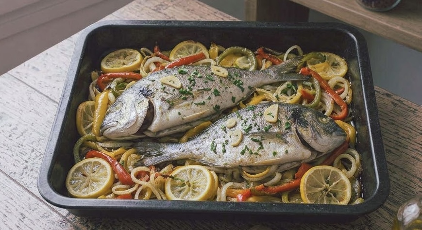 Una vista cenital en ángulo de una fuente de horno rectangular negra que contiene dos doradas enteras asadas, sazonadas con ajo y perejil, sobre una colorida cama de rodajas de limón, tiras de pimiento rojo y amarillo, rodajas de patata y aros de cebolla asados. La fuente está sobre una mesa de madera rústica y desgastada. A la derecha, una botella de aceite de oliva tapada con corcho y una botella de vino blanco llena. En el primer plano a la derecha, una tabla de cortar de madera con una ramita de perejil y un diente de ajo suelto. Al fondo, sobre estantes de madera, hay varios frascos de vidrio con especias (copos de chile, bayas secas), un mortero y mano de mortero de piedra, y un paño de cocina a cuadros azul y blanco. La luz natural entra por una ventana a la izquierda.