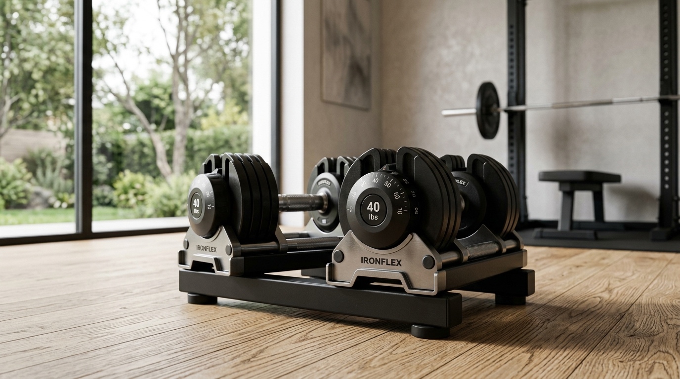 Mancuernas ajustables sobre su base en un gimnasio doméstico moderno.