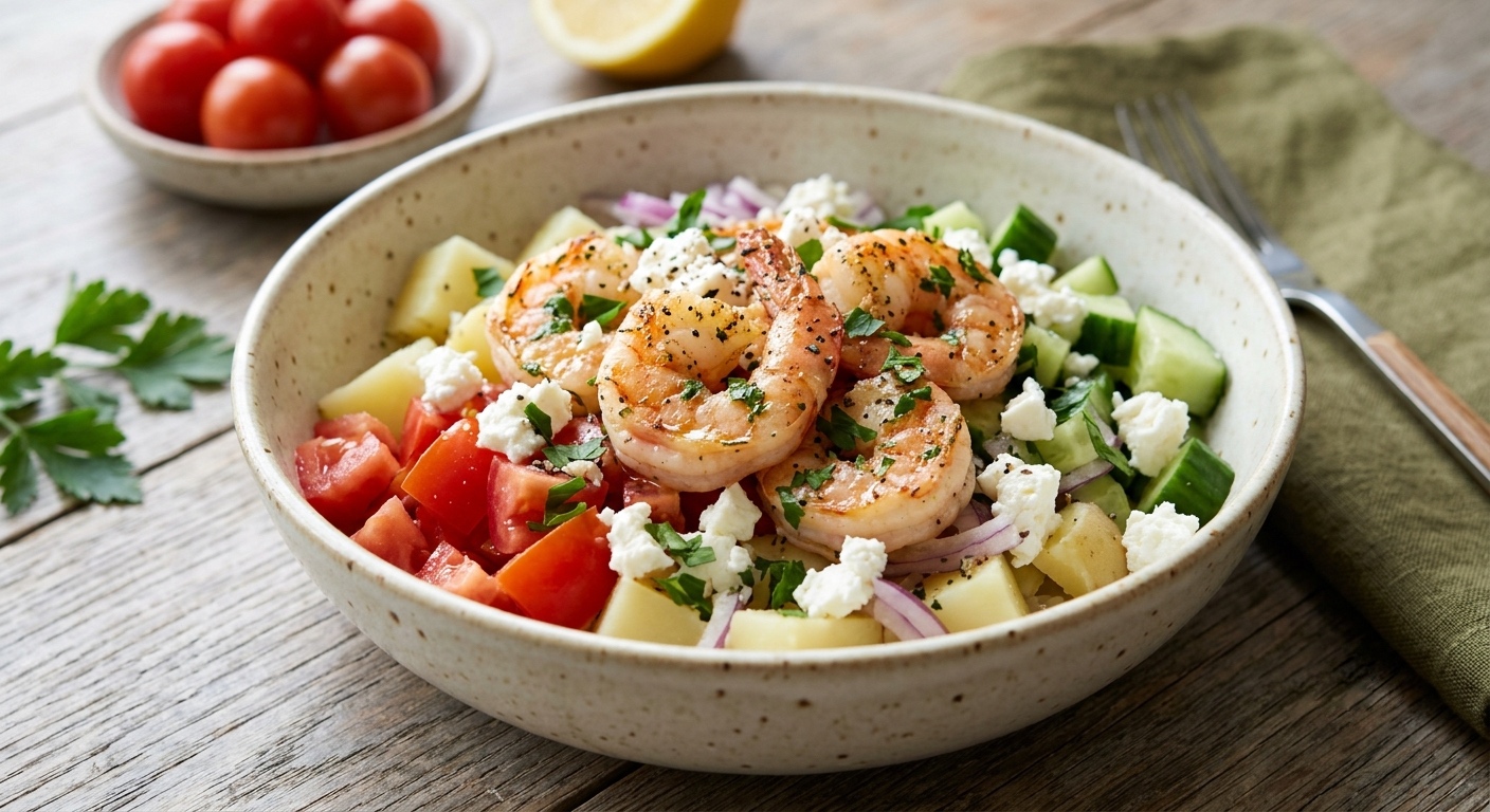 Una vista de primer plano de un tazón de cerámica rústico lleno de una ensalada mediterránea de langostinos a la parrilla, patatas cocidas, tomates, pepino y queso feta desmenuzado, sazonado con perejil y pimienta negra, y colocado sobre una mesa de madera texturizada con un fondo que incluye tomates cherry enteros, medio limón y un tenedor sobre una servilleta verde.