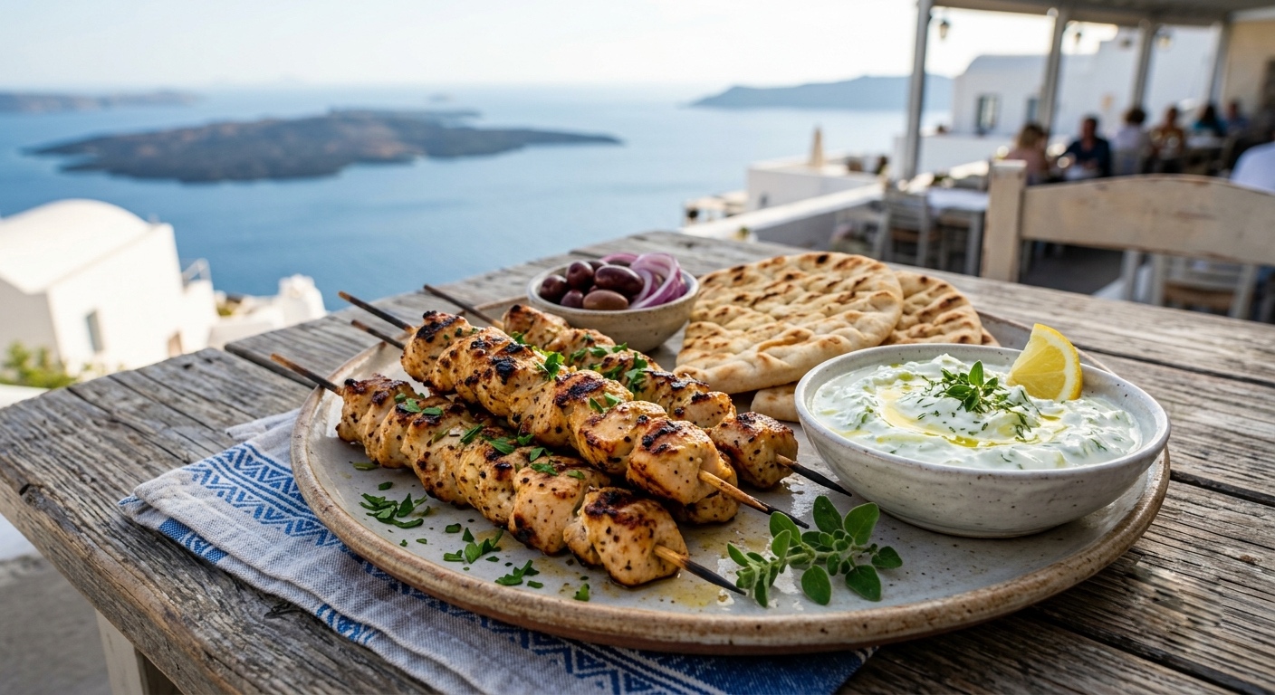 Un primer plano detallado de una comida griega servida en una terraza de madera al aire libre en Santorini. En primer plano, un plato de cerámica rústica contiene varias brochetas de pollo souvlaki a la parrilla, un cuenco de salsa tzatziki cremosa con limón, pan pita y guarniciones de cebolla roja y aceitunas Kalamata. El fondo muestra una vista espectacular de la caldera de Santorini, edificios encalados con techos azules y el mar Egeo bajo el sol de la tarde.