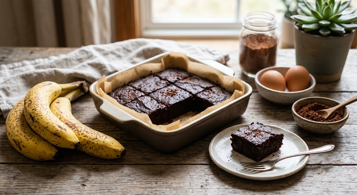 Una toma de arriba sobre una mesa de madera rústica que muestra una bandeja de horno de cerámica llena de brownies de chocolate caseros cortados en cuadrados. A la izquierda hay un racimo de plátanos maduros. A la derecha, hay cuencos con cacao en polvo y huevos frescos, y un plato pequeño con una porción individual de brownie y un tenedor.