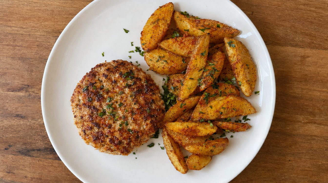 Hamburguesa de pollo con patatas asadas al microondas