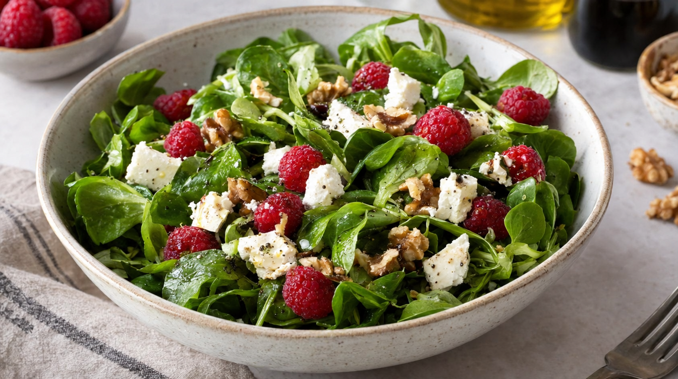 Ensalada de canónigos, frambuesas y queso feta