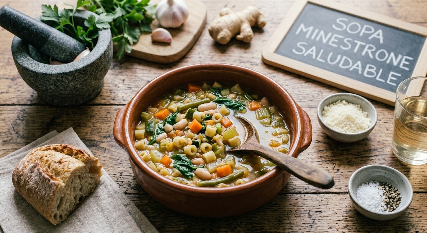 Una toma elevada y rústica de un bol de sopa Minestrone vegetal y con pasta en un bol de terracota, con una cuchara de madera dentro. El bol está rodeado de acompañamientos en una mesa de madera, incluyendo pan rústico en una servilleta, cuencos pequeños con queso parmesano rallado, sal y pimienta, y un vaso de vino. Al fondo, se ven ingredientes frescos como ajo, jengibre, un mortero con perejil y una pequeña pizarra con el texto manuscrito en tiza: "SOPA MINESTRONE SALUDABLE".