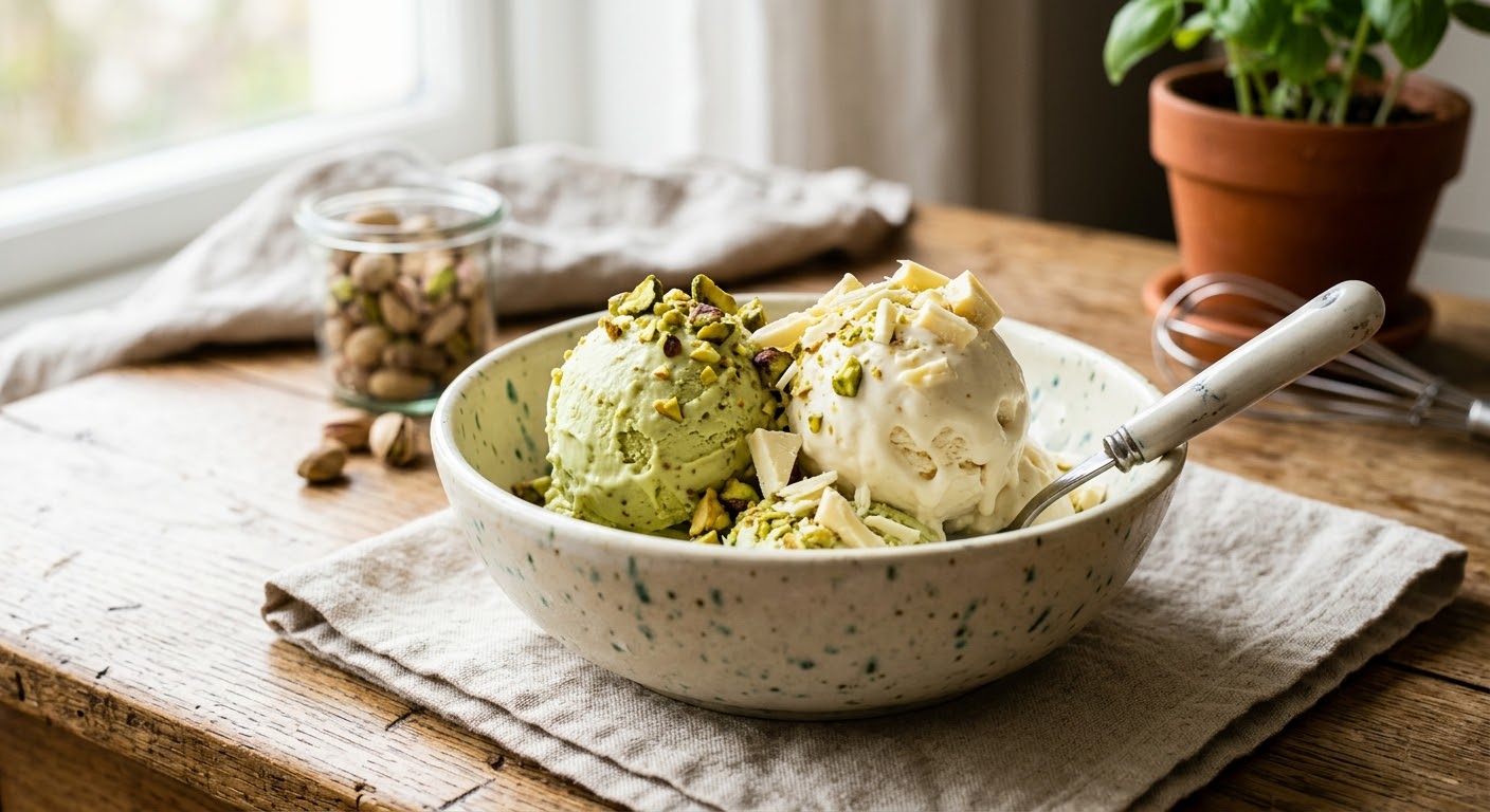 Una toma de comida profesional de dos bolas de helado de pistacho y chocolate blanco en un tazón de cerámica blanco sobre una tabla de cortar de madera. El helado es de color verde claro y está adornado con pistachos picados de color verde vibrante y chispas de chocolate blanco. Una cuchara de metal está apoyada en el tazón y la tabla. El fondo es una cocina con luz natural.