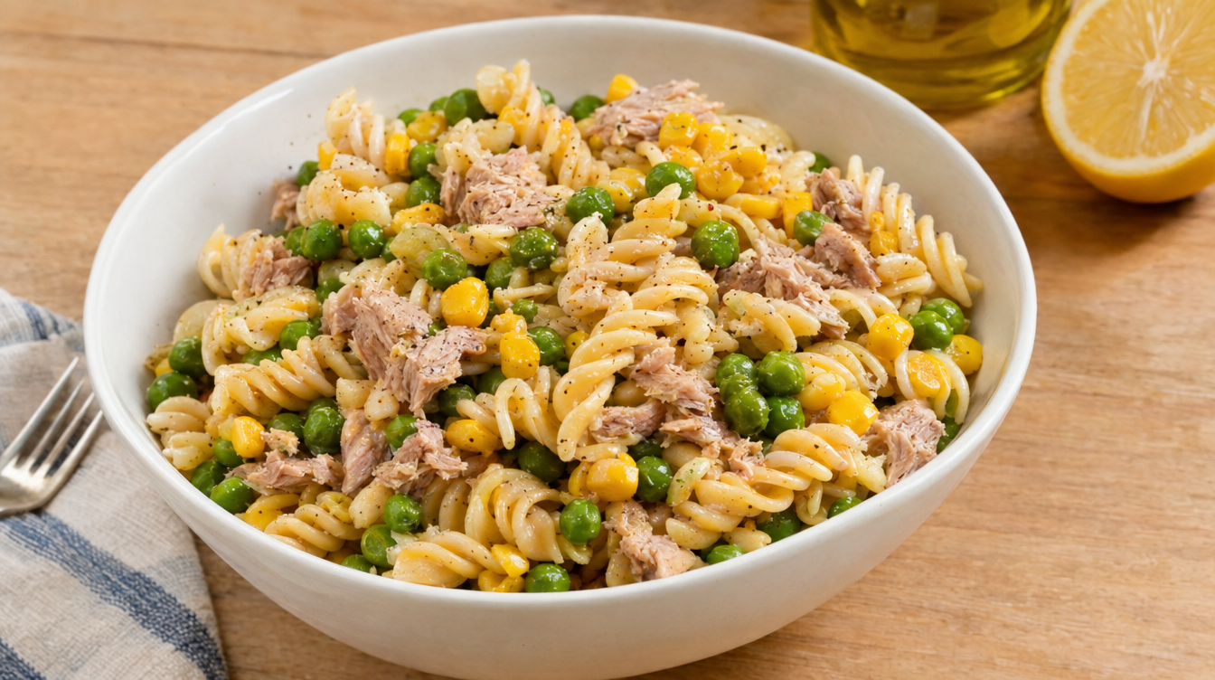 Ensalada de pasta con atún, maíz y guisantes