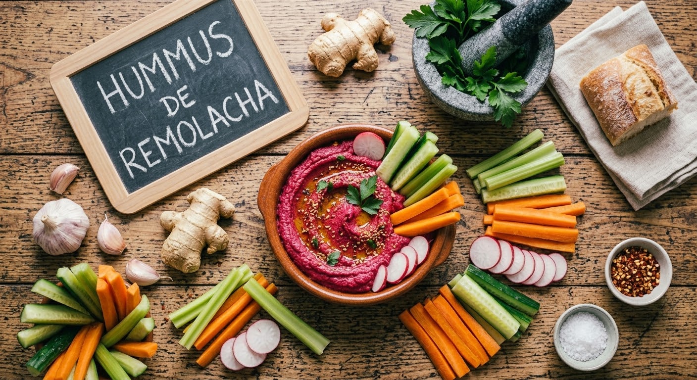 Una vista aérea (plano cenital) de una mesa de madera rústica y acogedora. En el centro, un cuenco de hummus de remolacha de color rosa fucsia vibrante, decorado con perejil fresco y semillas de sésamo. A la derecha, una fuente con una variedad de verduras crudas cortadas en palitos (crudités) dispuestas ordenadamente: apio, zanahoria, pepino y rodajas de rábano. En la parte superior izquierda, una pequeña pizarra de madera con el texto manuscrito en tiza blanca que dice "HUMMUS DE REMOLACHA". Alrededor del cuenco, hay más crudités dispersas de manera artística. También se ven raíces de jengibre, dientes de ajo sueltos, un mortero de piedra con hierbas frescas (perejil) y mazo, un trozo de pan rústico sobre un paño de lino y dos pequeños cuencos con hojuelas de chile y sal marina.