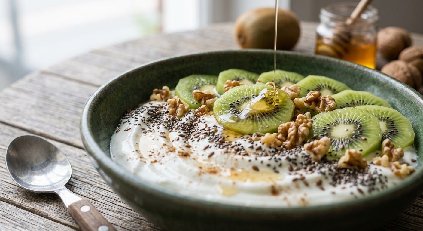 Primer plano en ángulo bajo de un cuenco rústico de cerámica verde lleno de cremoso yogur griego. Sobre el yogur se disponen cuidadosamente rodajas frescas de kiwi, espolvoreadas con nueces troceadas, semillas de chía y lino, y un ligero toque de canela. Un fino hilo de miel dorada cae verticalmente desde arriba, bañando la fruta y el yogur. El cuenco descansa sobre una mesa de tablones de madera desgastada. A la izquierda reposa una cuchara con mango de madera, mientras que en el fondo suavemente desenfocado se distingue un kiwi entero, un tarro de cristal con miel y algunas nueces con cáscara.