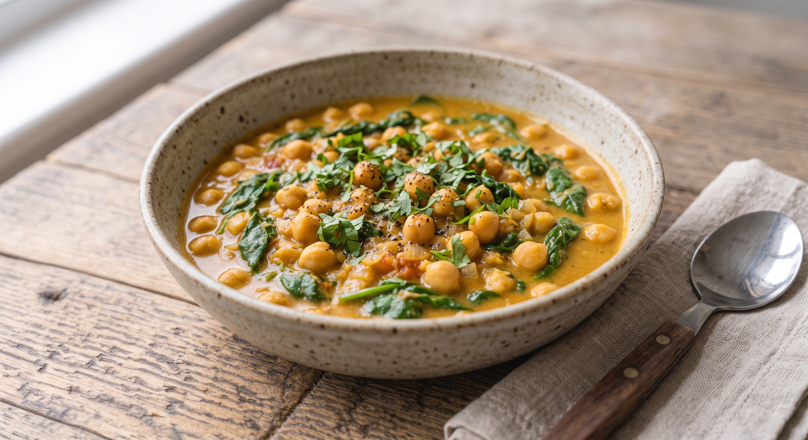 Un primer plano apetitoso de un cuenco de cerámica artesanal moteada lleno de un rico curry cremoso de garbanzos y espinacas marchitas, colocado sobre una mesa de madera rústica y envejecida. El curry está generosamente decorado con cilantro fresco picado y pimienta negra molida. A la derecha del cuenco, descansando sobre una servilleta de lino beige claro, hay una cuchara de metal con un mango de madera a juego. La iluminación es natural y suave, con una ventana borrosa en el fondo a la izquierda.