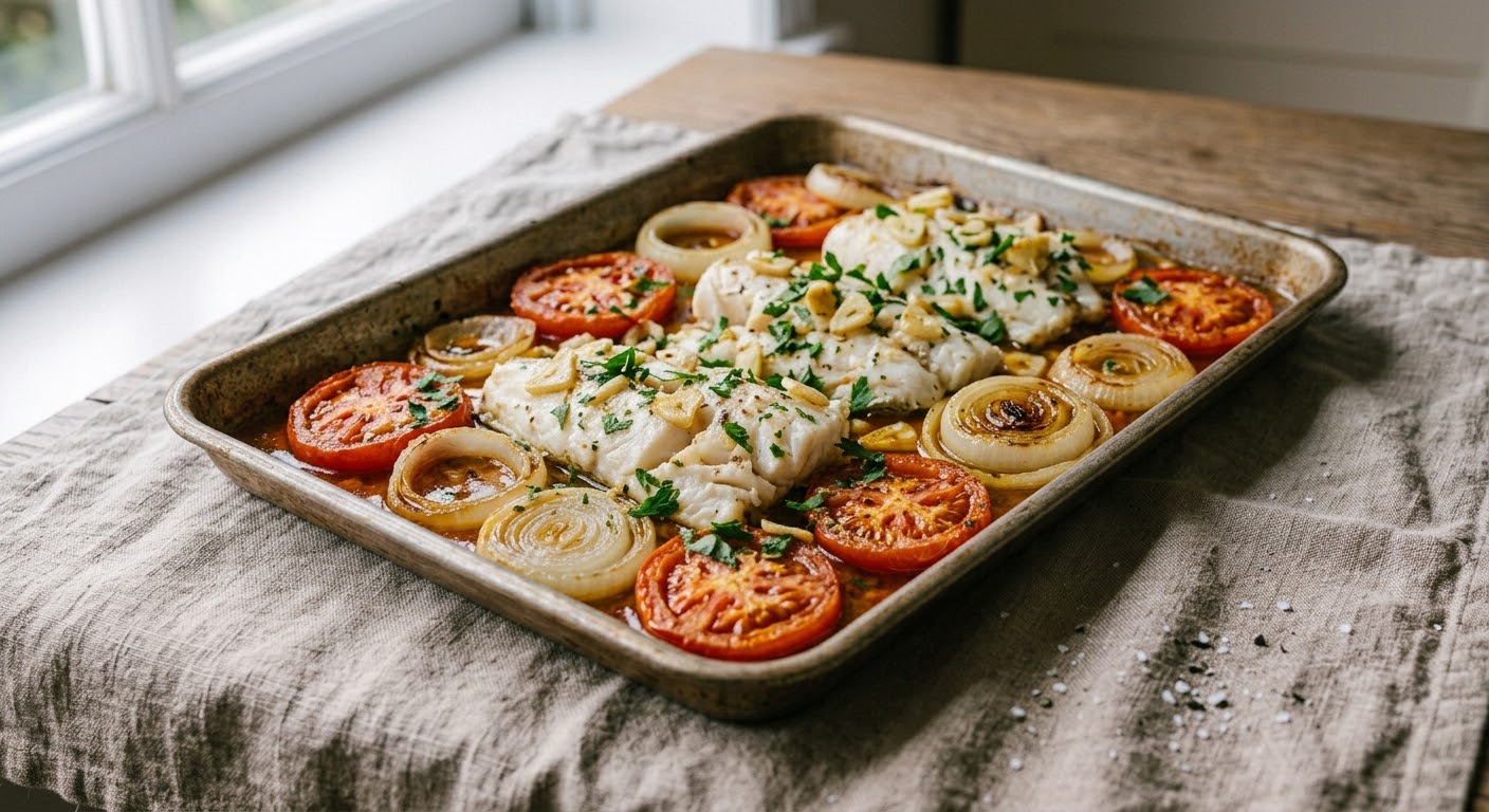 Una toma en ángulo de una bandeja de metal para hornear que contiene filetes de pescado blanco asado (como bacalao o merluza) cubiertos con ajo picado y perejil fresco, rodeados por rodajas de tomate asado caramelizado y aros de cebolla asada. La bandeja descansa sobre un mantel de lino texturizado sobre una mesa de madera rústica, con luz natural que entra por una ventana al fondo a la izquierda.