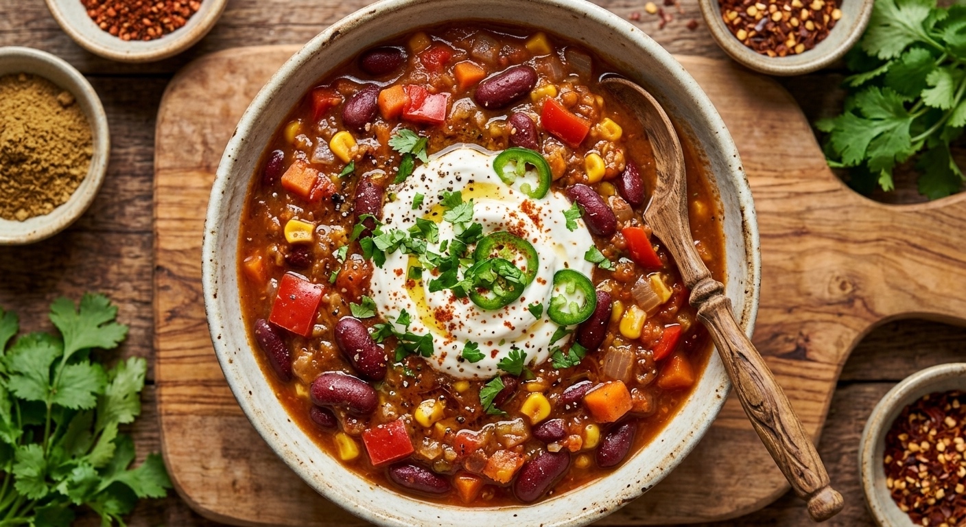 Un primer plano cenital de un abundante cuenco de cerámica con chili vegetariano de alubias rojas, maíz y verduras, cubierto con crema agria, cilantro fresco y rodajas de jalapeño. El cuenco rústico descansa sobre una tabla de cortar de madera rodeado de pequeños cuencos con especias como comino, pimentón y copos de chile, y cilantro fresco. Una cuchara de madera está en el cuenco.