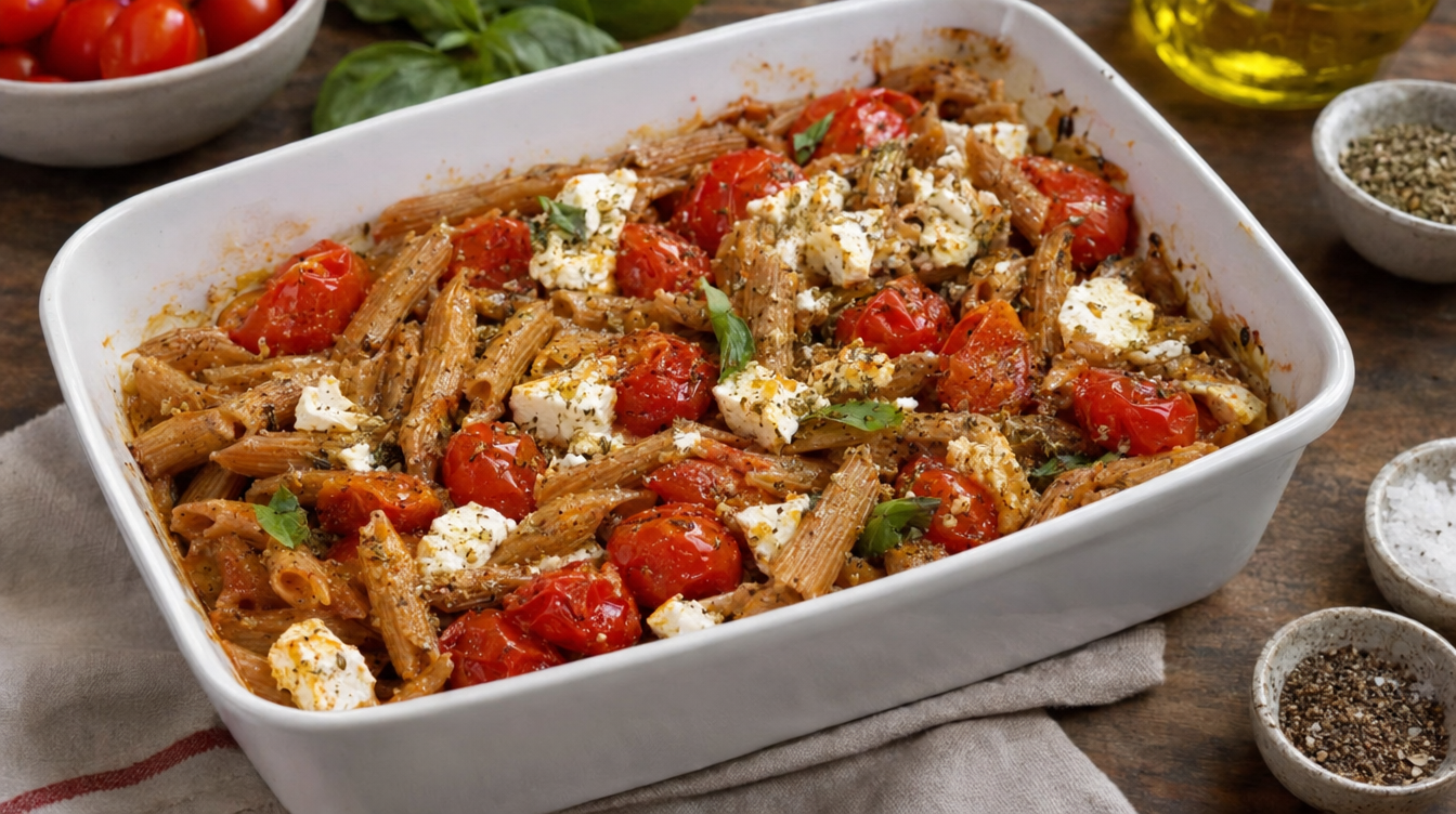 Macarrones integrales con queso feta al horno y tomates cherry